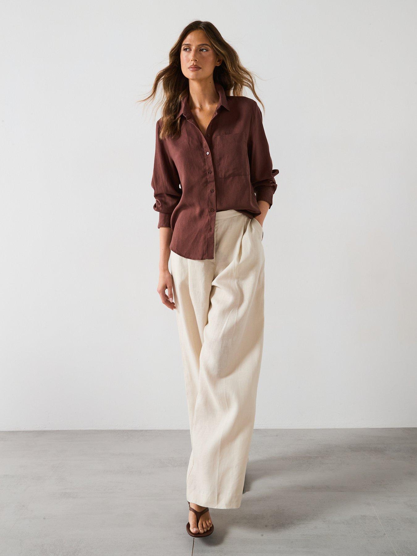 Image 3 of 6 of Mango Straight-Cut Lyocell Linen Blend Shirt - Brown