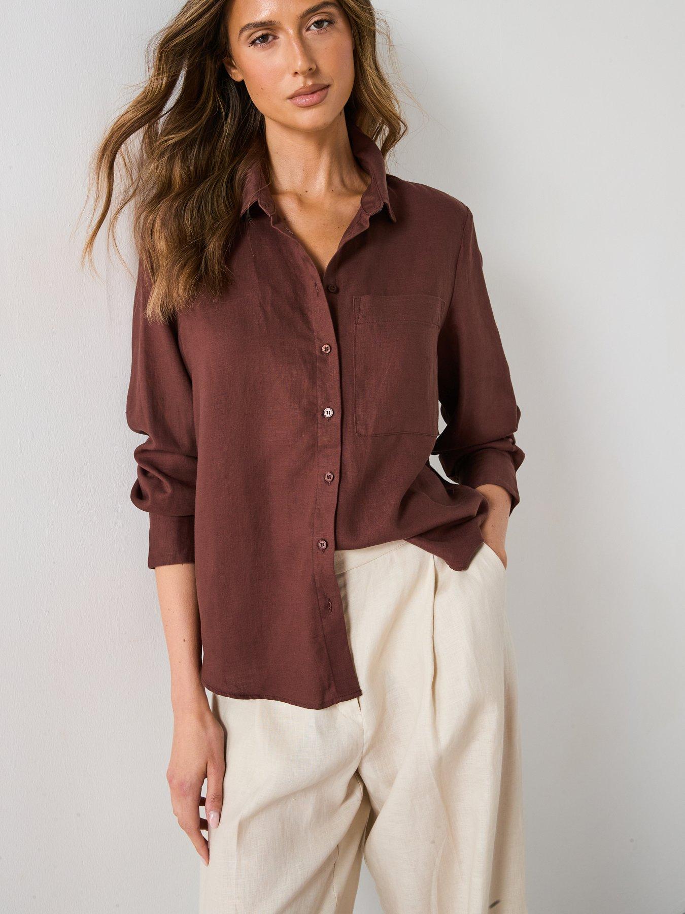 Image 6 of 6 of Mango Straight-Cut Lyocell Linen Blend Shirt - Brown