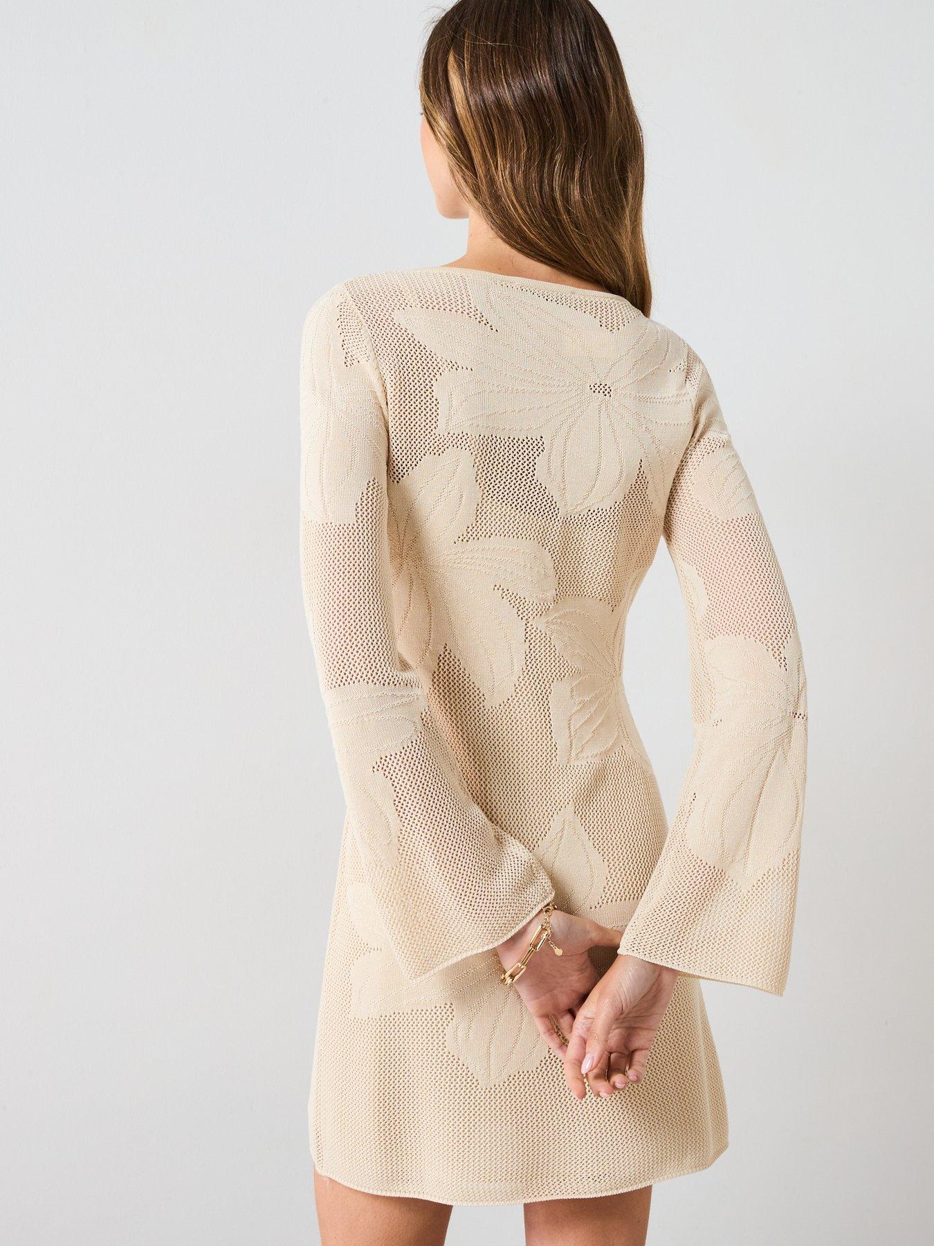 Image 2 of 6 of Mango Knitted Dress With Embroidered Flowers - Beige