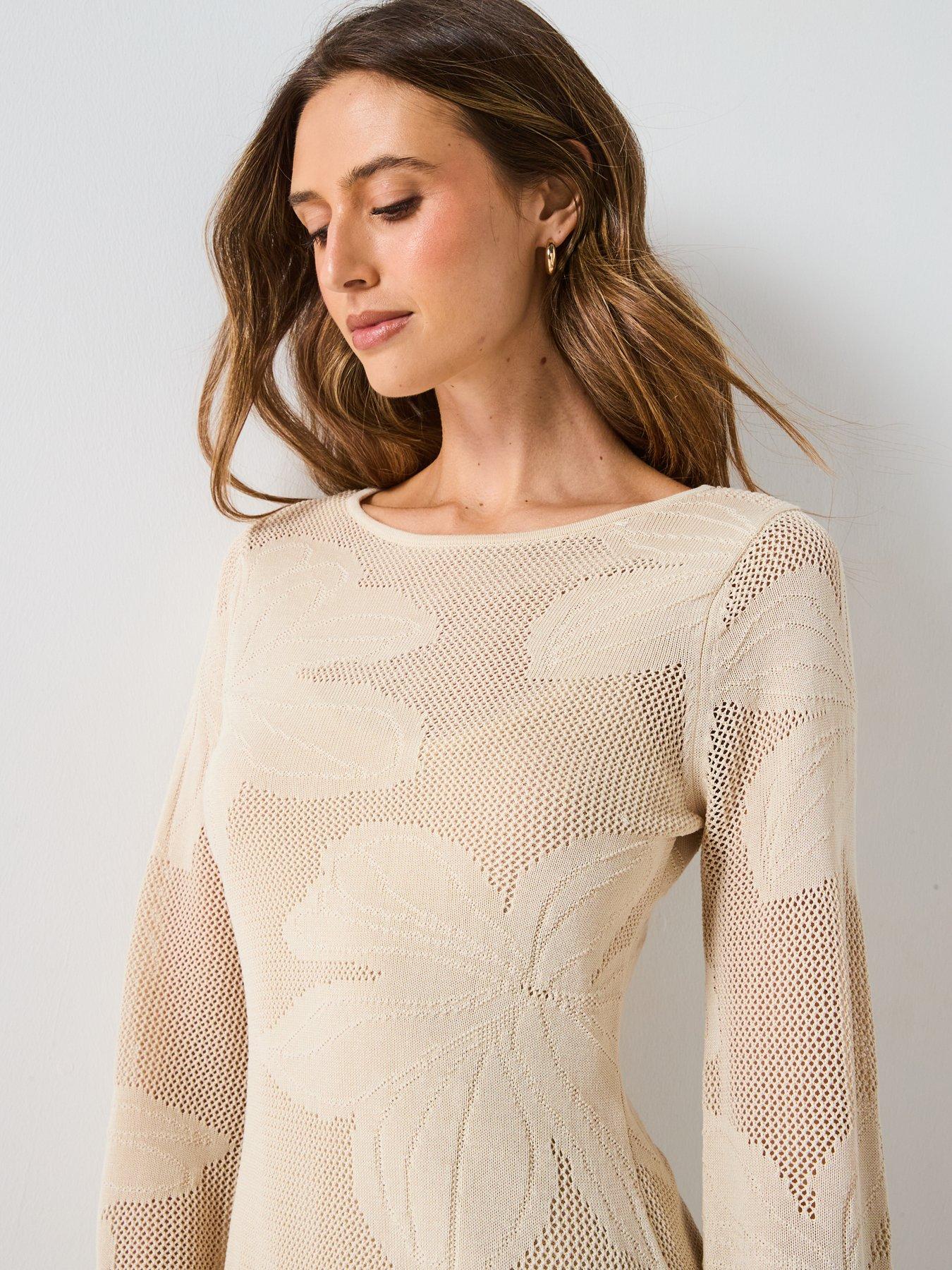 Image 4 of 6 of Mango Knitted Dress With Embroidered Flowers - Beige