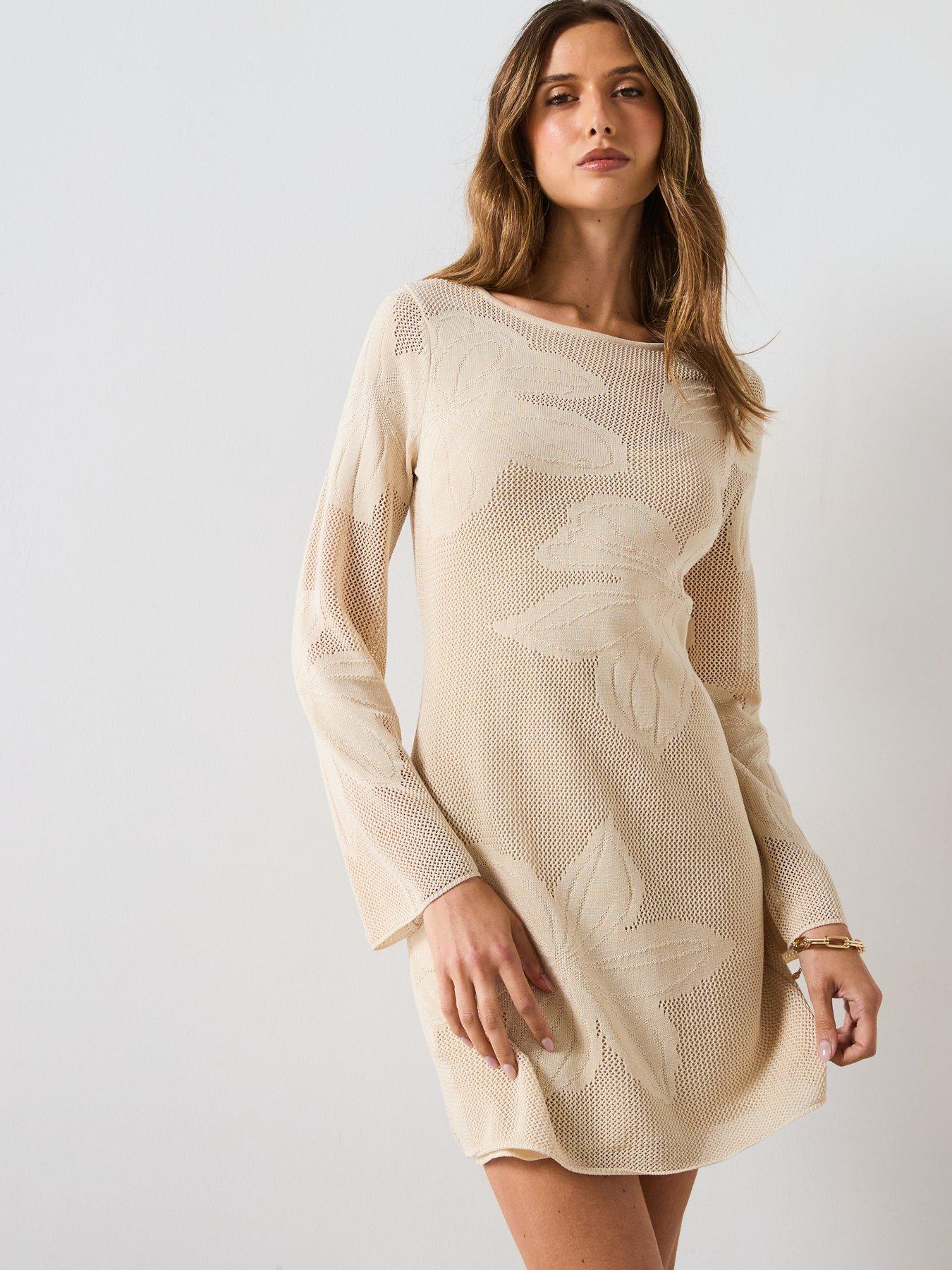 Image 5 of 6 of Mango Knitted Dress With Embroidered Flowers - Beige