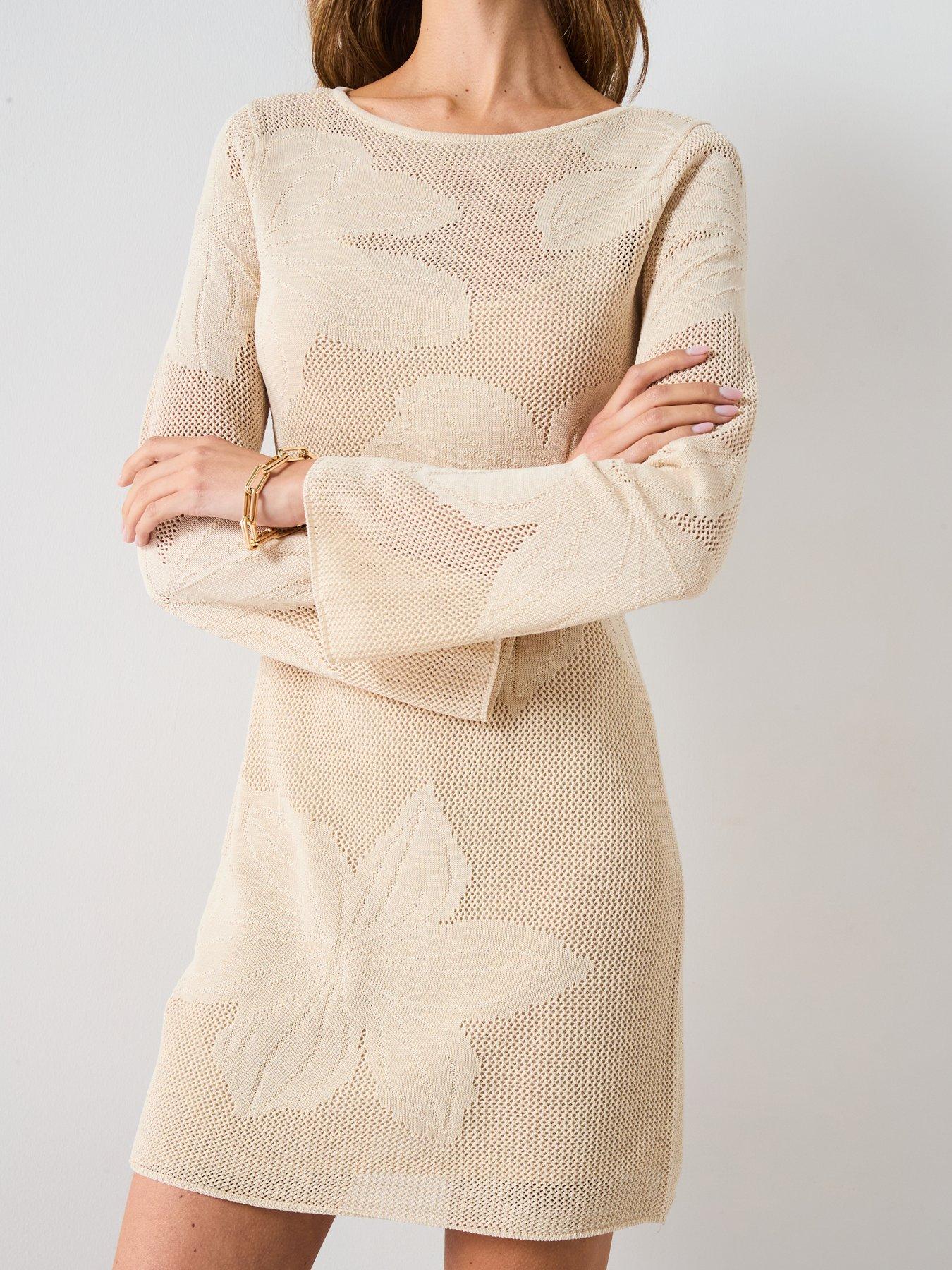 Image 6 of 6 of Mango Knitted Dress With Embroidered Flowers - Beige