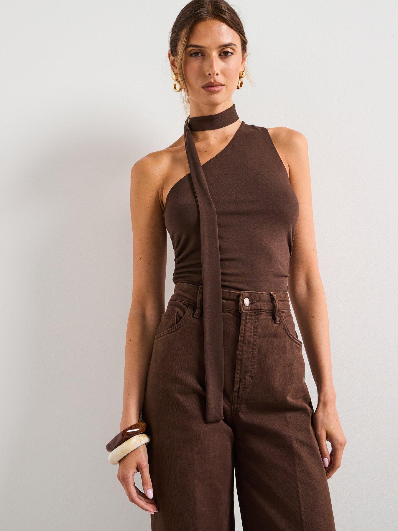 Mango One Shoulder Drape Top - Brown