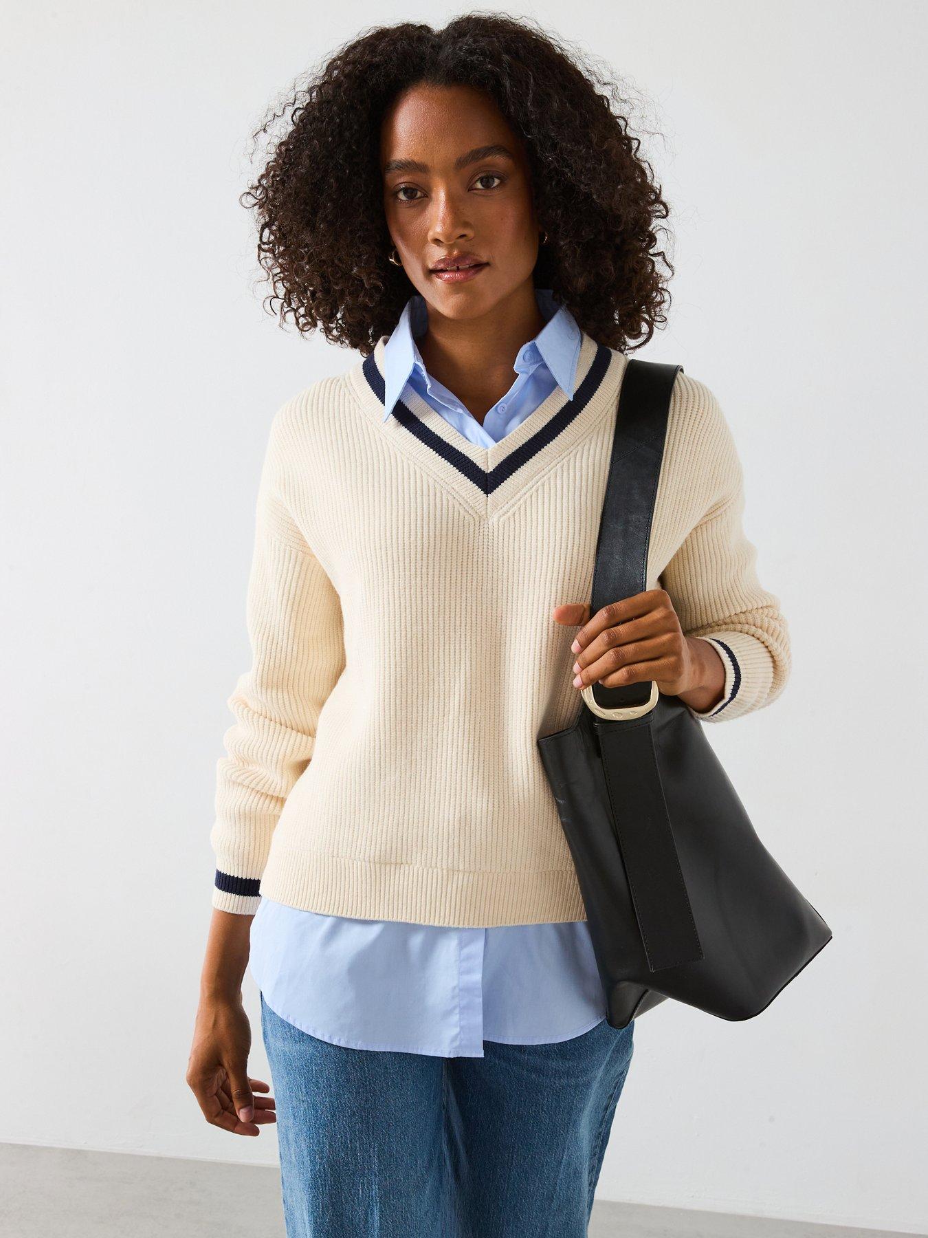 Image 1 of 6 of Mango Shirt Detail Jumper&nbsp; - Beige