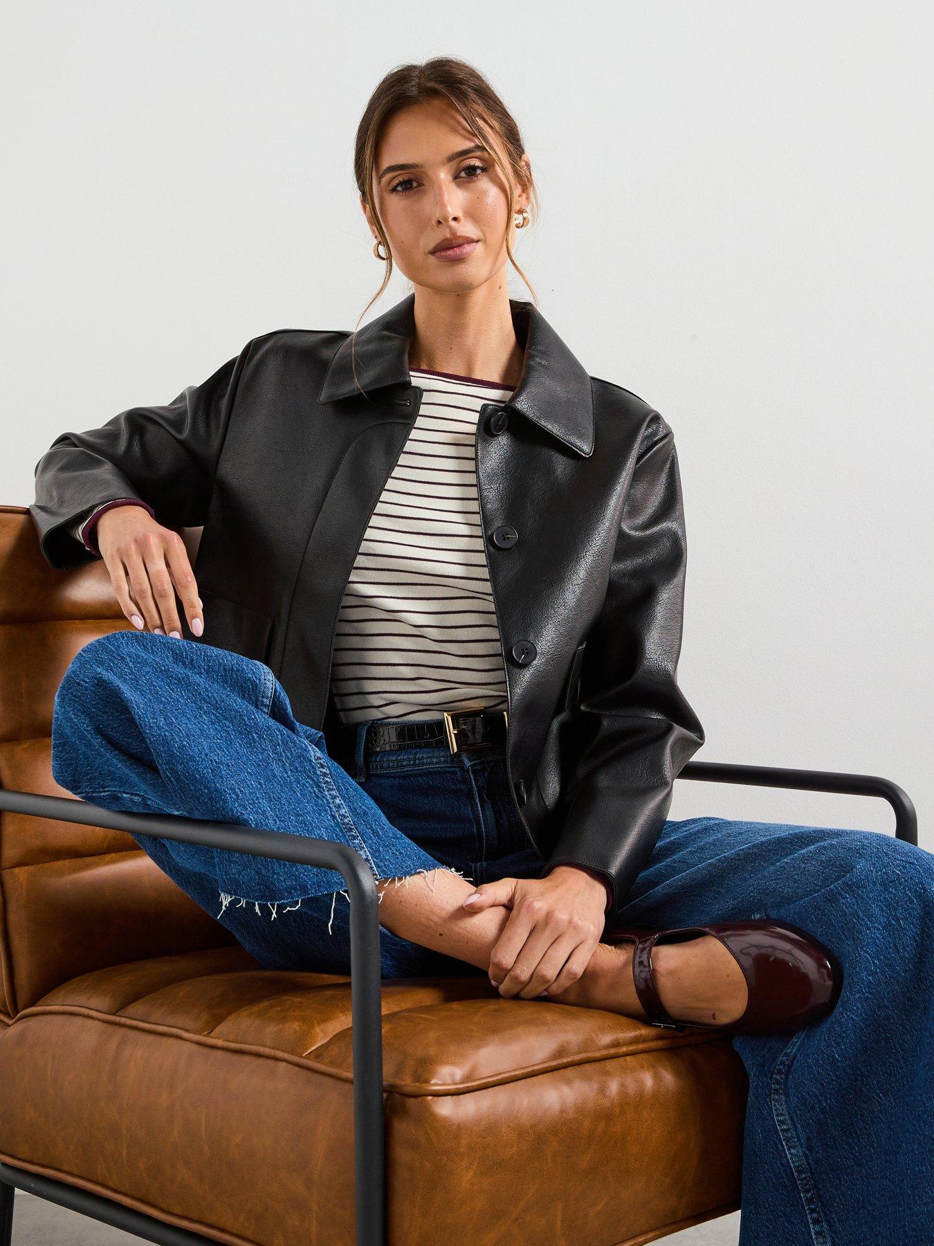 Mango Leather Effect Jacket With Pockets - Black