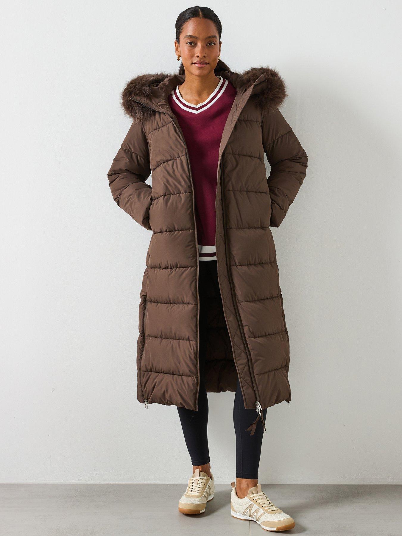 Mango Padded Coat With Faux Fur Hood - Brown