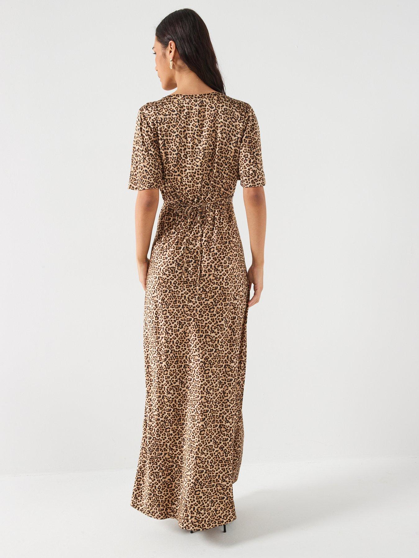 Image 2 of 6 of Guess Short Sleeve Martine Split Long Dress - Brown