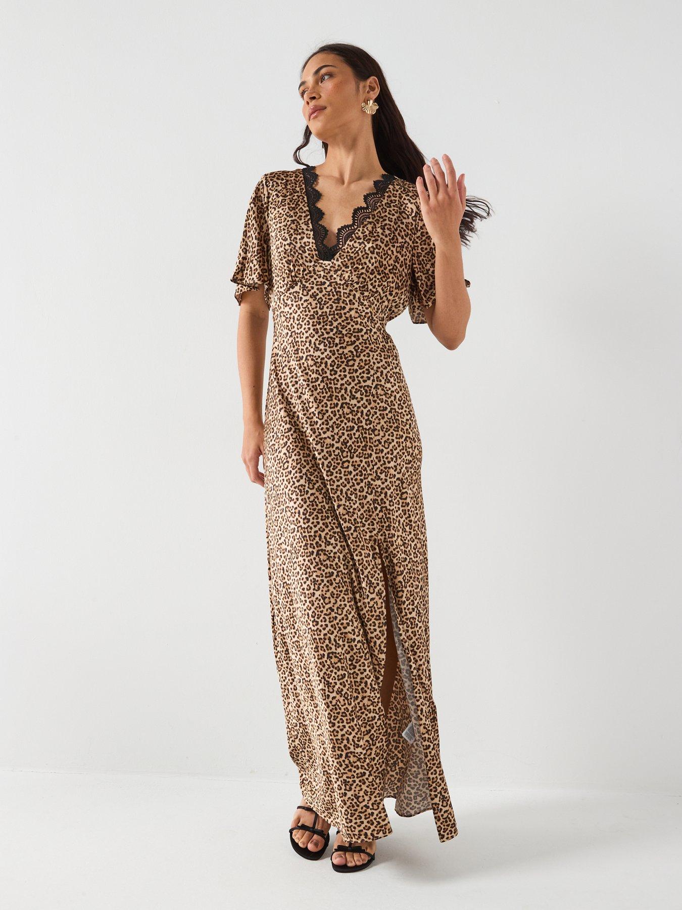 Image 5 of 6 of Guess Short Sleeve Martine Split Long Dress - Brown