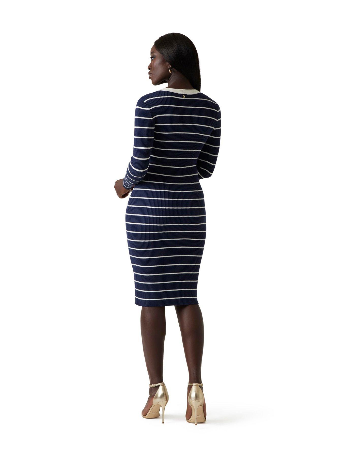 Guess Long Sleeve V Neck Striped Andrea Midi Dress - Blue | Very Ireland
