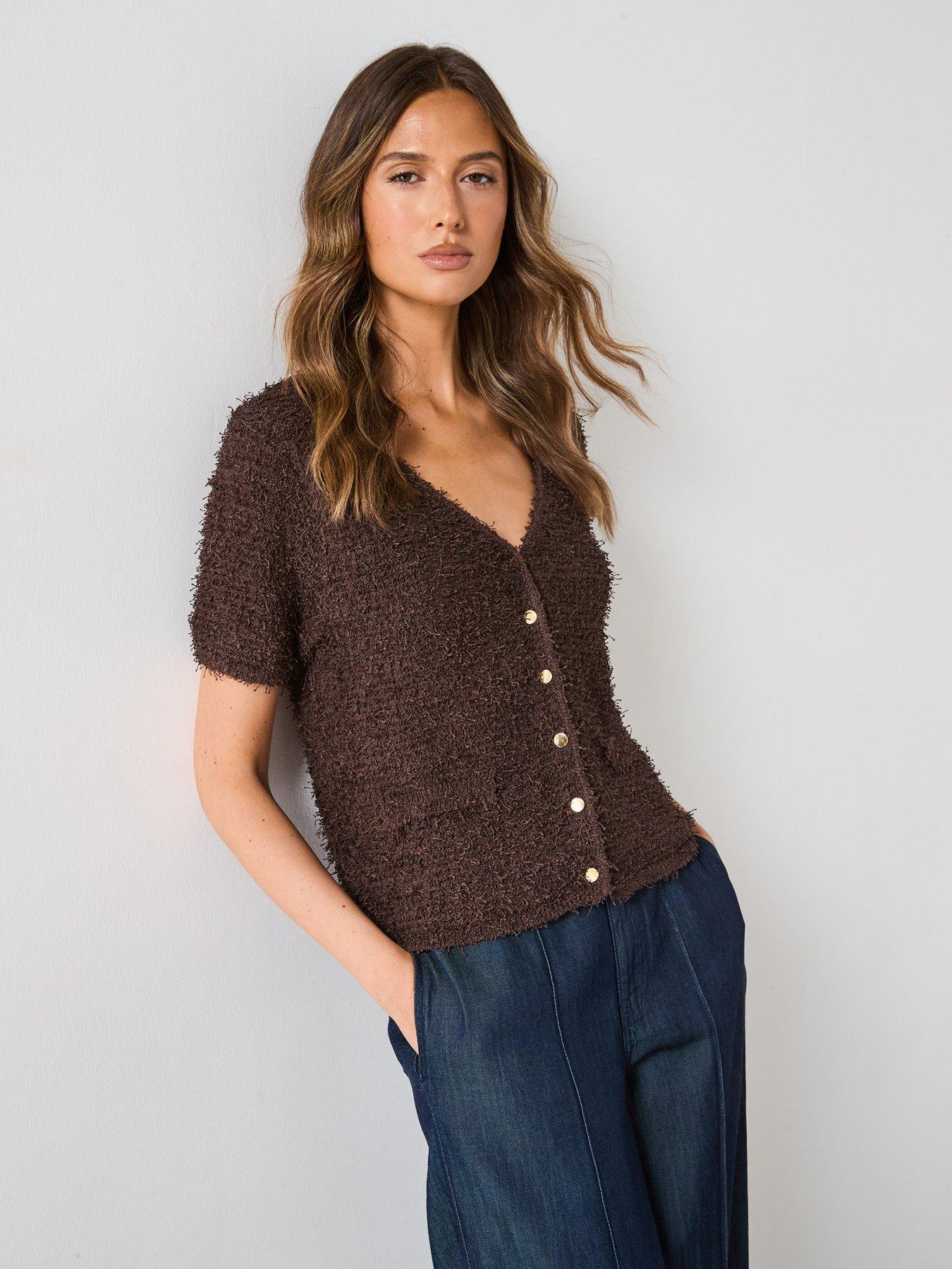 Image 1 of 6 of Mango Short Sleeved Boucle Cardigan - Brown