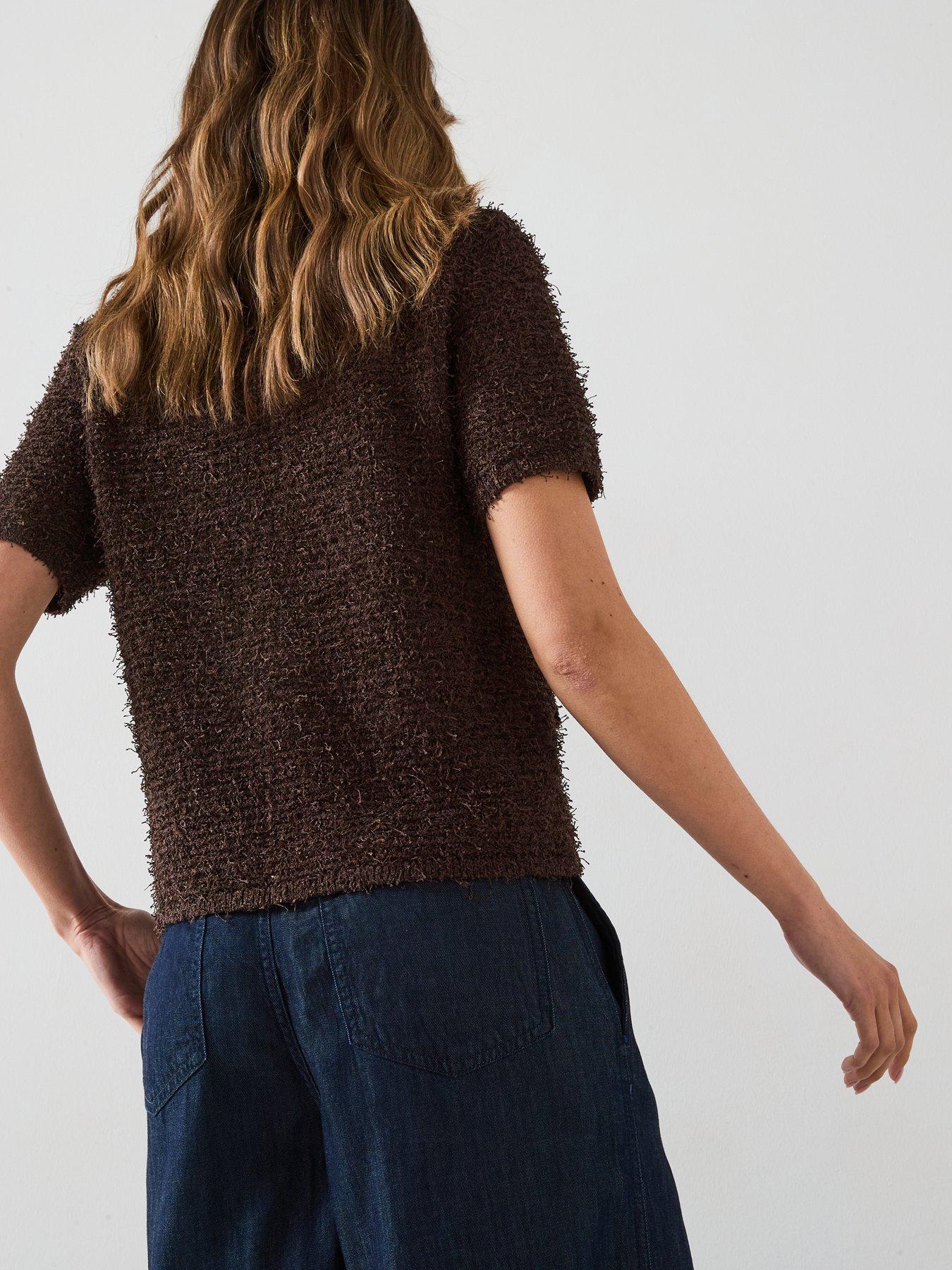 Image 2 of 6 of Mango Short Sleeved Boucle Cardigan - Brown