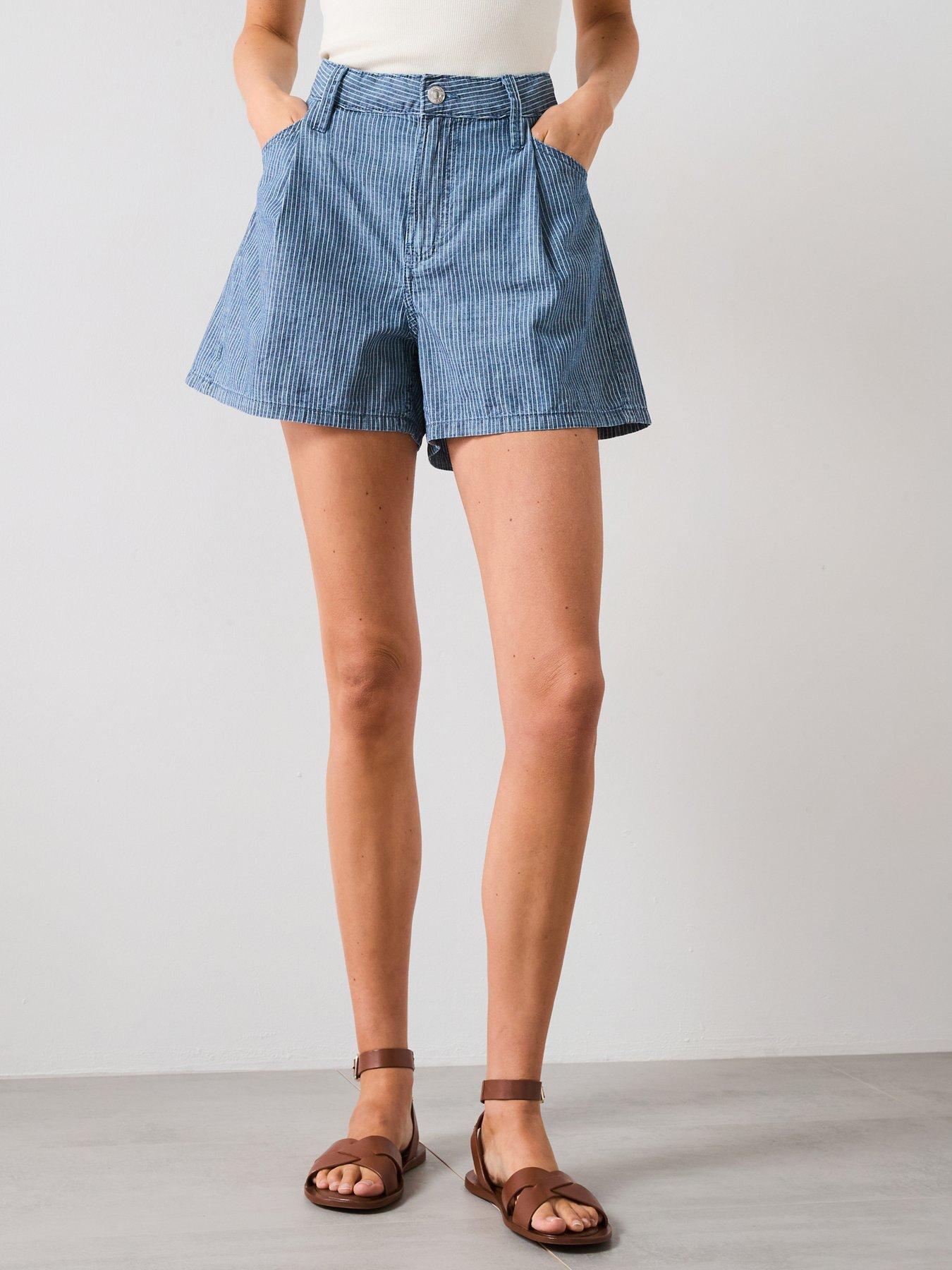 Mango Mid Rise Striped Denim Shorts - Blue