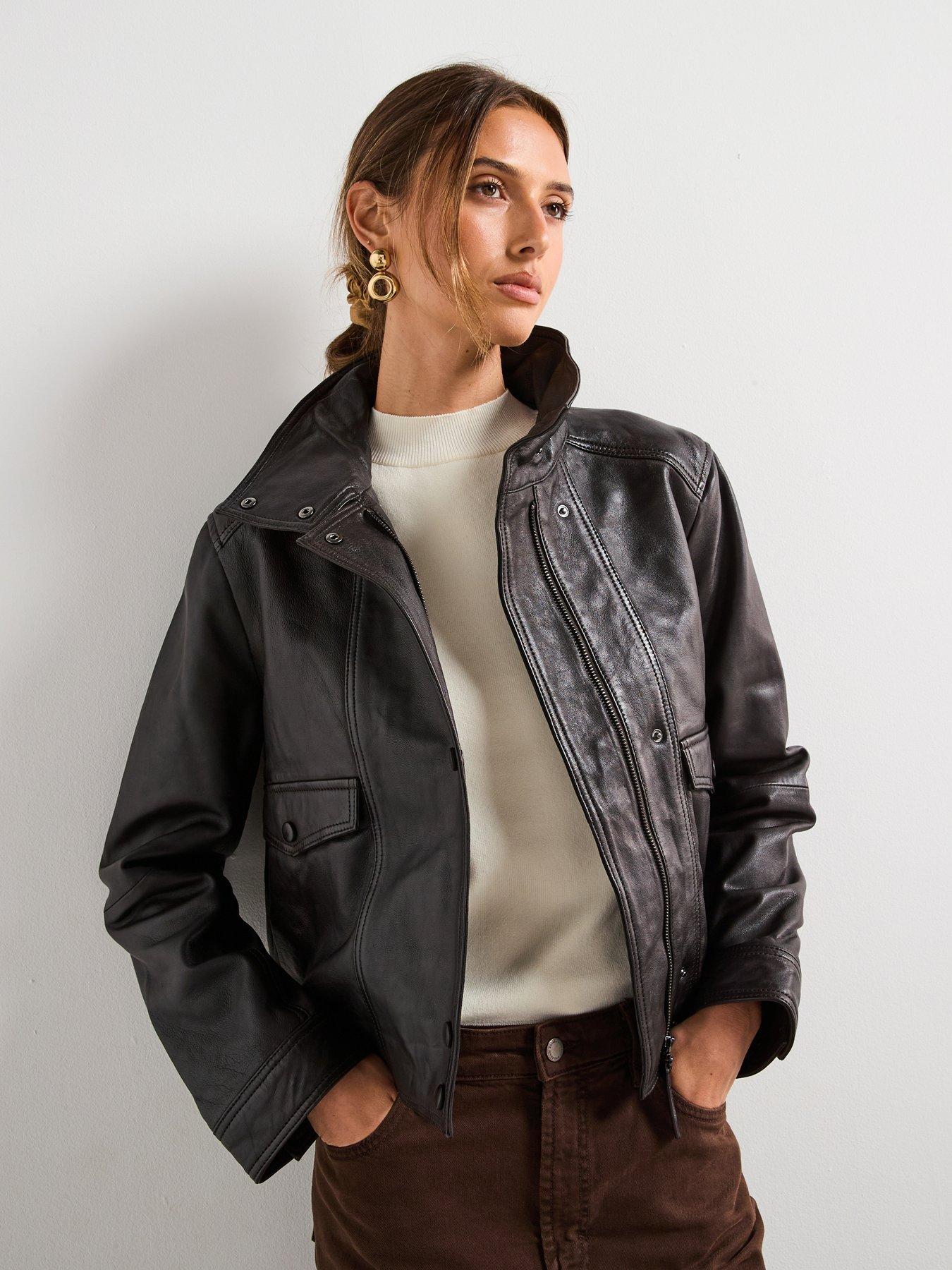 mango-high-collar-leather-jacket-brown