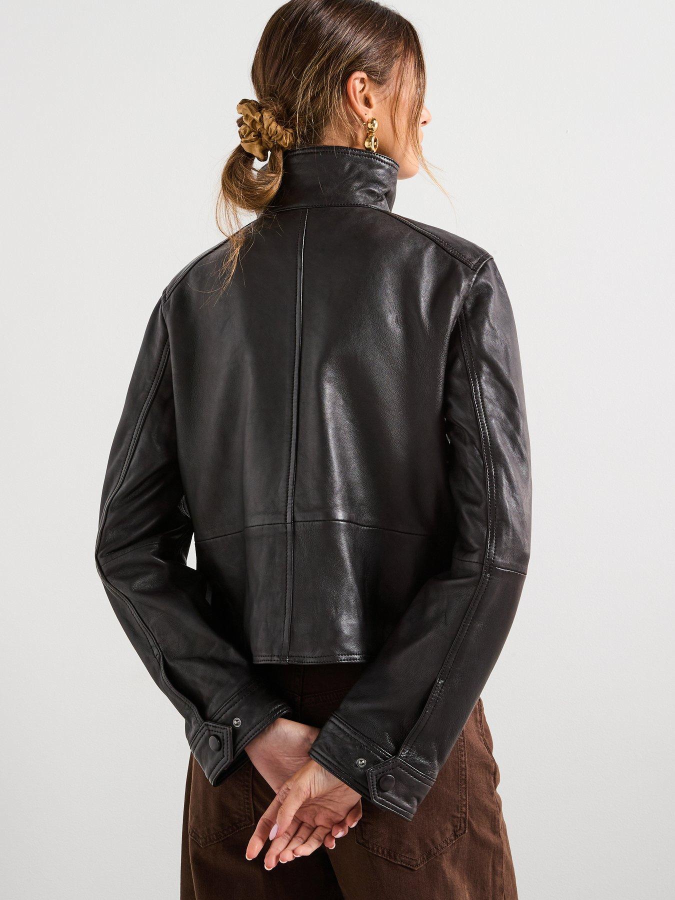mango-high-collar-leather-jacket-brownstillFront