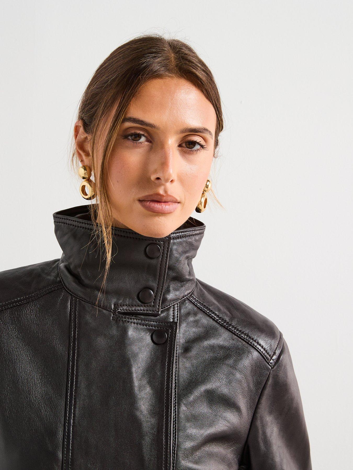 Mango High Collar Leather Jacket - Brown | Very Ireland