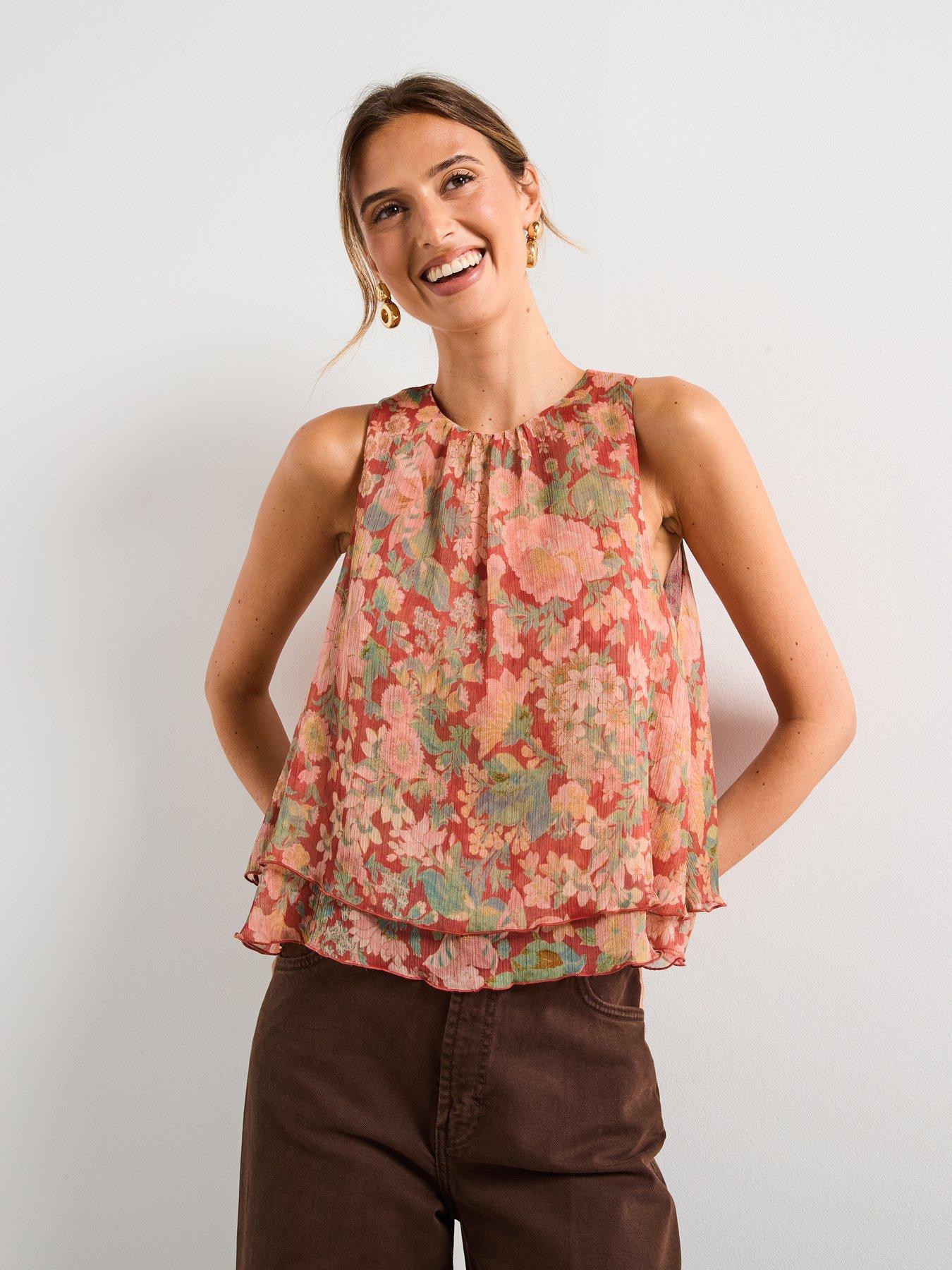 Image 1 of 6 of Mango Floral Pleated Blouse - Red