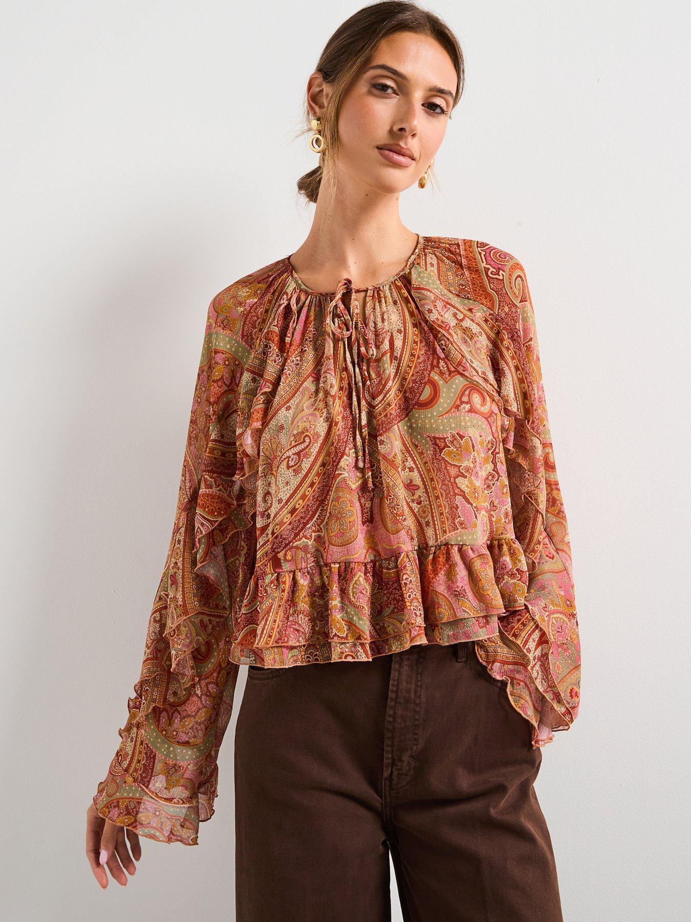 mango-ruffles-printed-blouse-brown