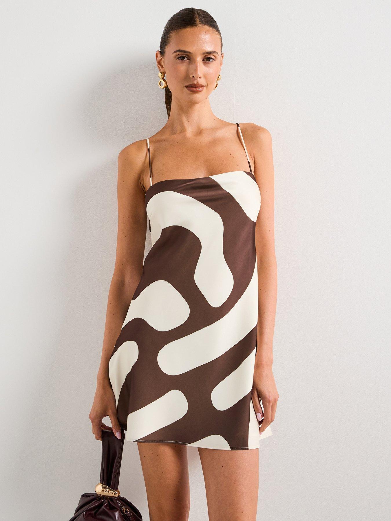 Mango Printed Satin Dress - Brown