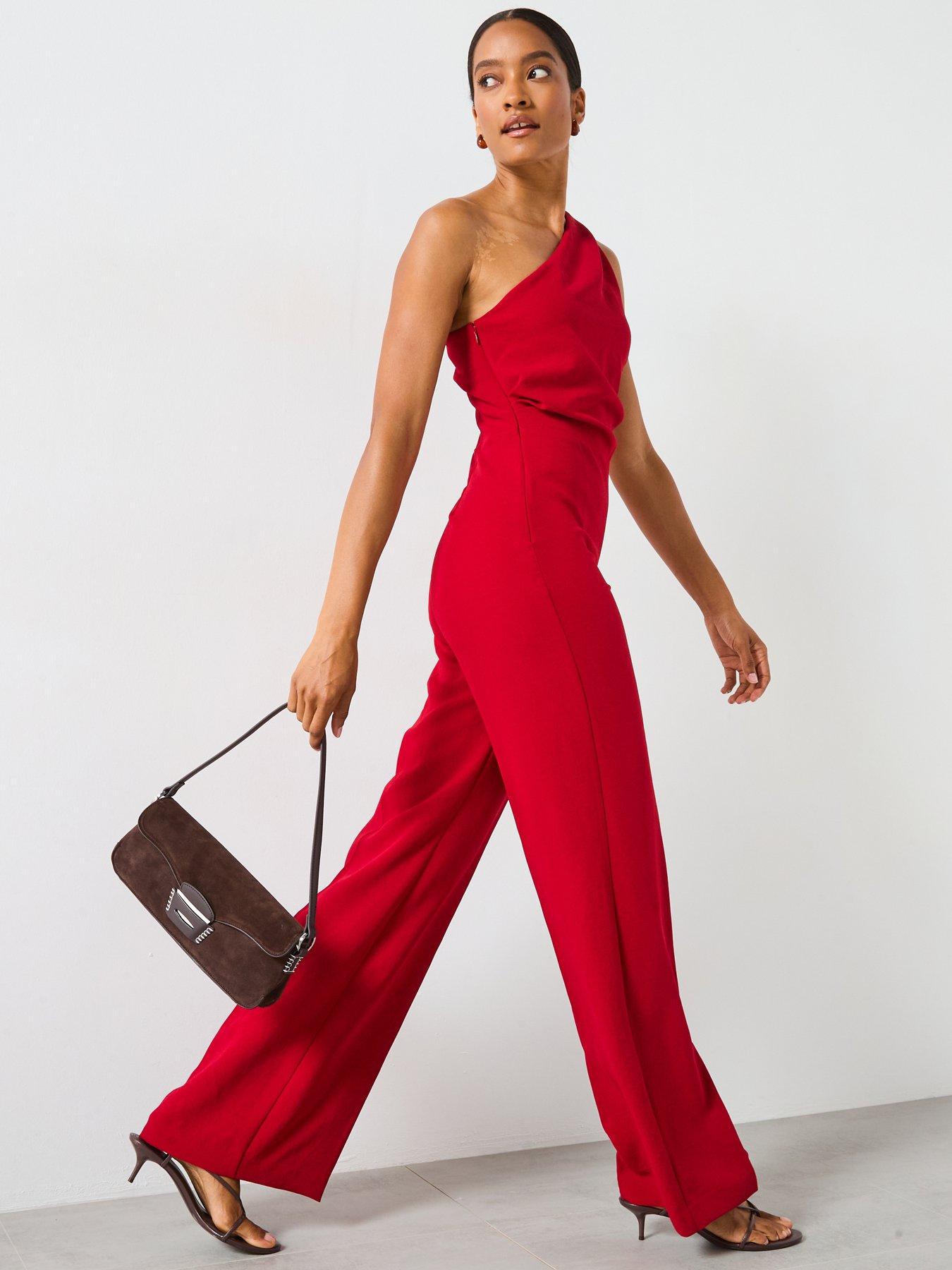 Image 3 of 6 of Mango One Shoulder Jumpsuit - Red