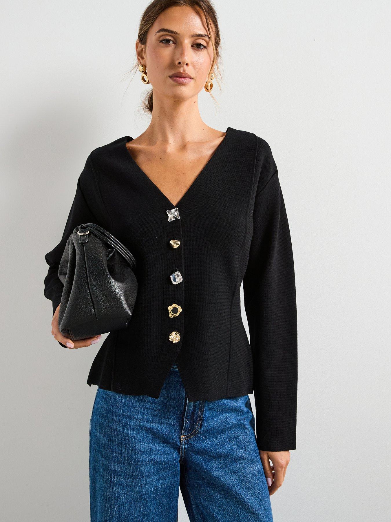 Image 1 of 6 of Mango Knitted Jacket With Jewel Buttons - Black