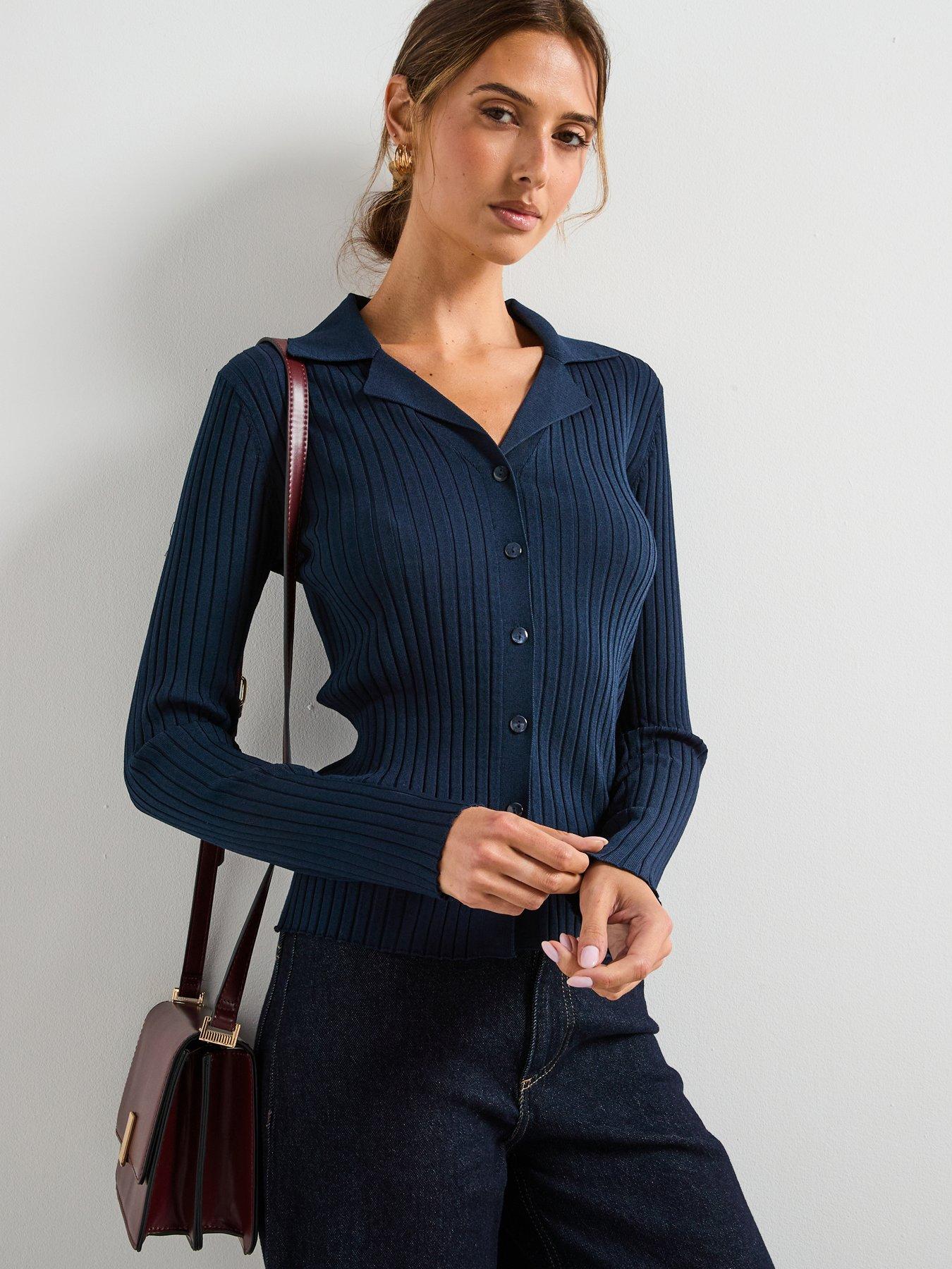 Mango Ribbed Lapel Cardigan - Navy