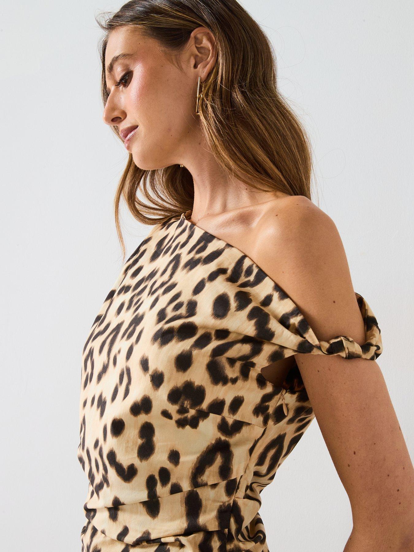 Image 4 of 6 of Mango Asymmetrical Animal Print Dress - Beige