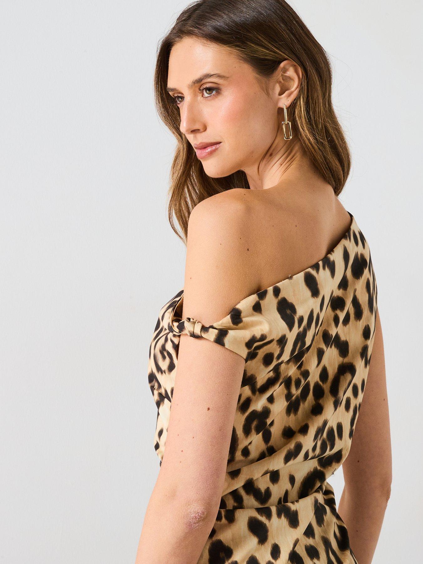 Image 5 of 6 of Mango Asymmetrical Animal Print Dress - Beige