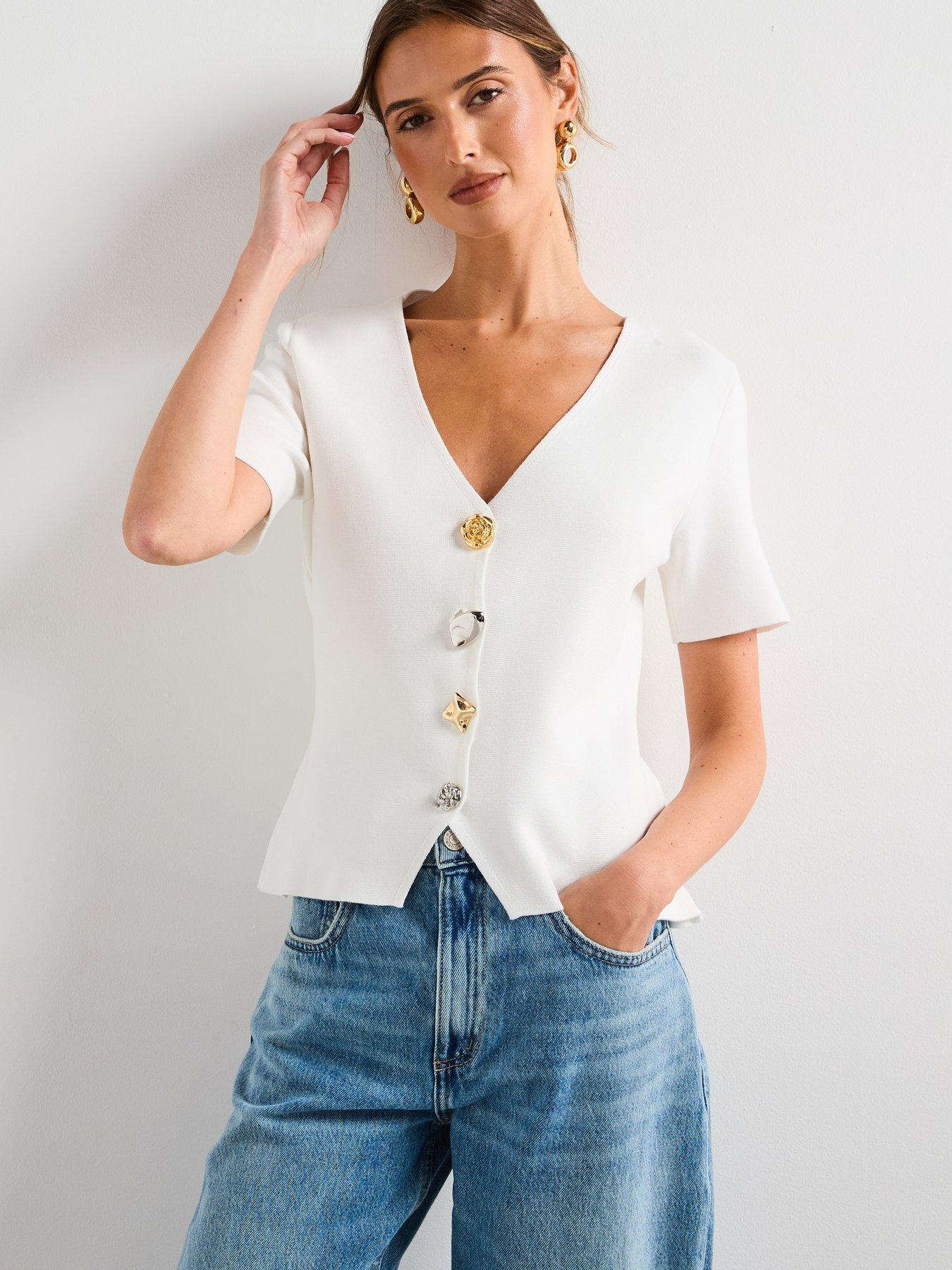 Image 1 of 6 of Mango Knitted Cardigan With Jewel Button - White