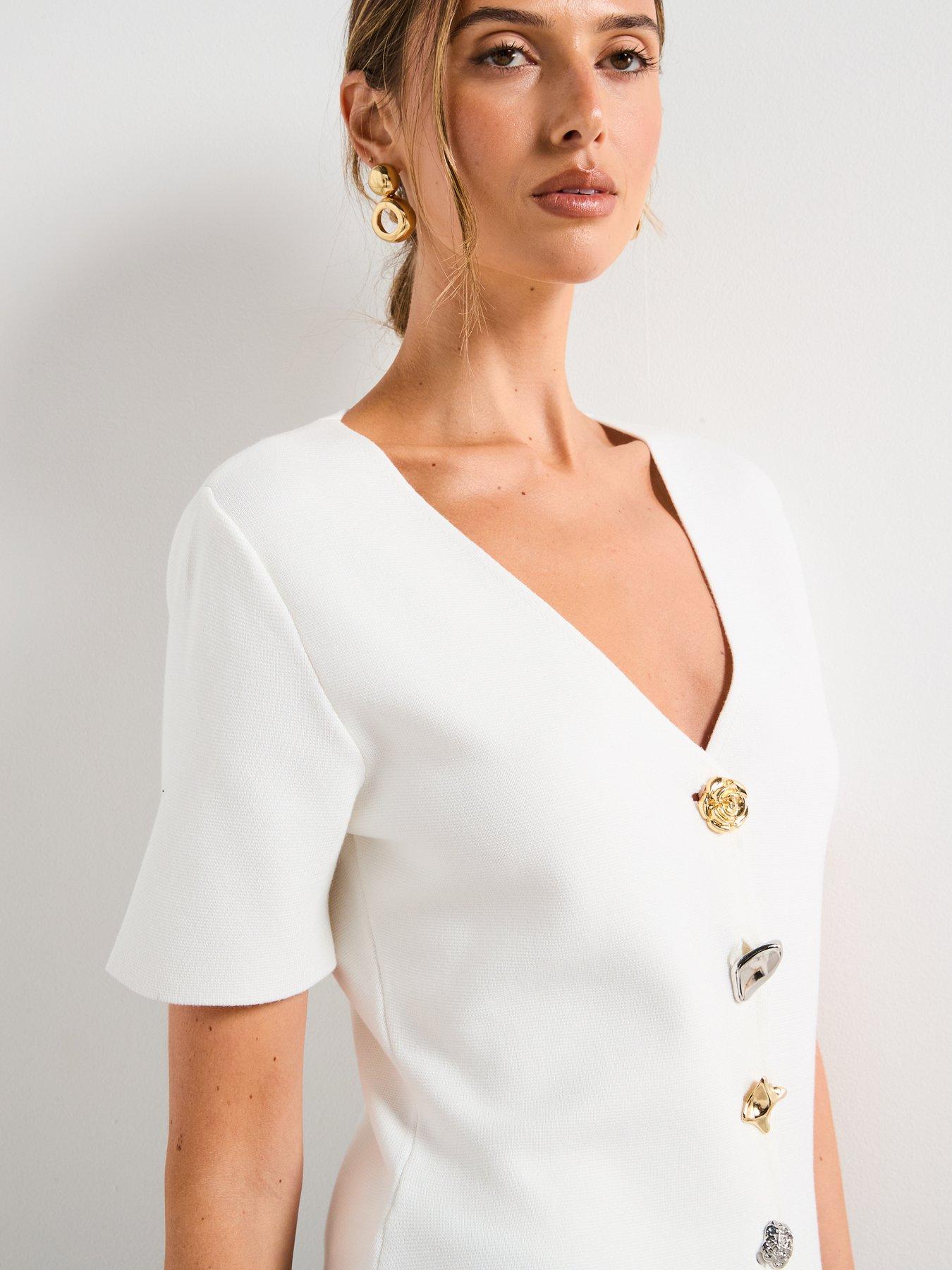 Image 4 of 6 of Mango Knitted Cardigan With Jewel Button - White
