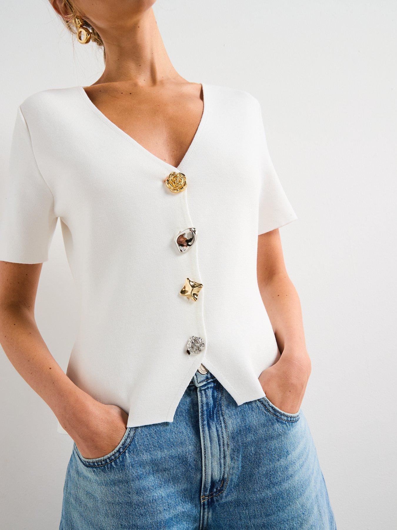 Image 5 of 6 of Mango Knitted Cardigan With Jewel Button - White