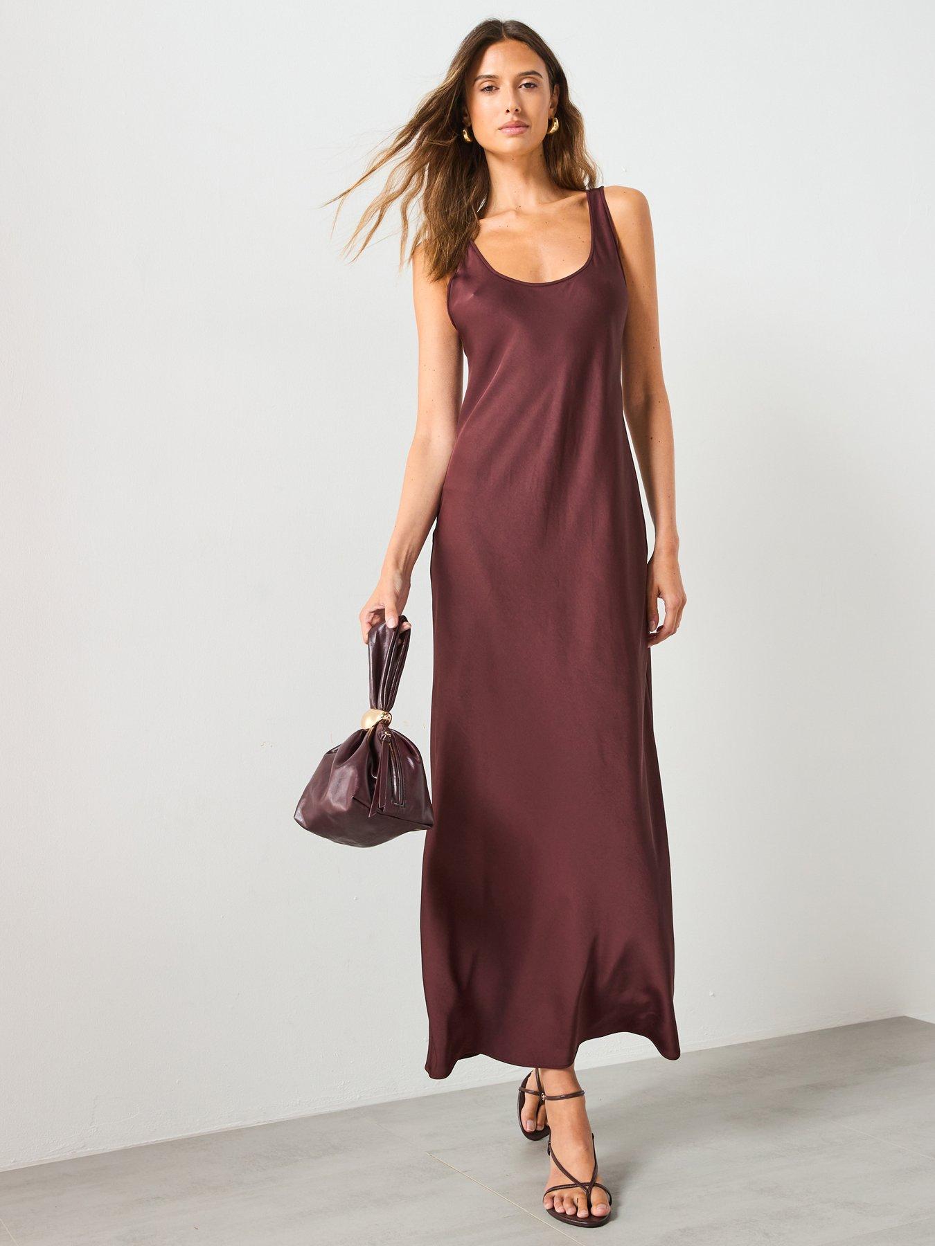 Image 1 of 6 of Mango Satin Maxi Dress - Brown
