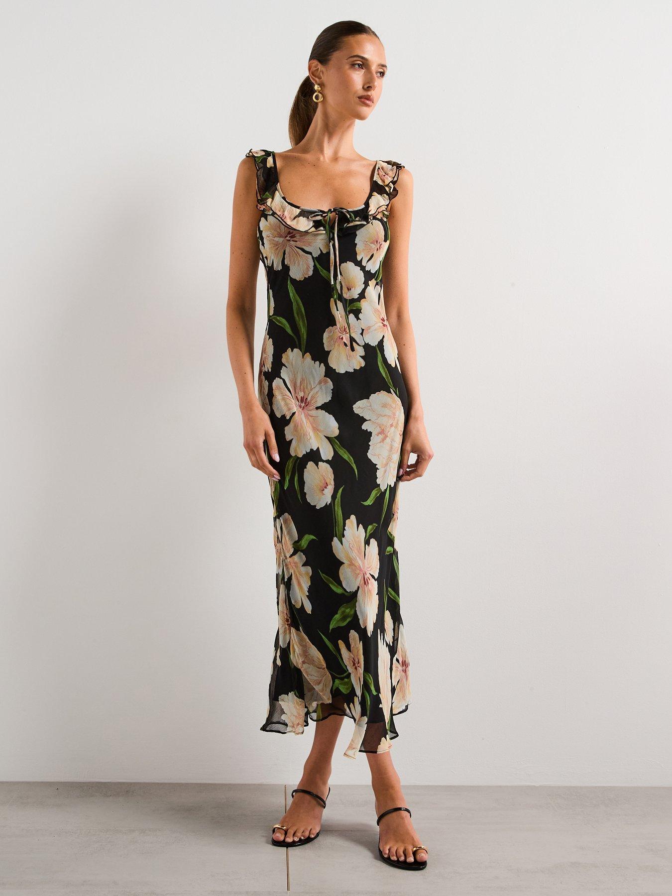 Mango Floral Print Dress with Ruffle Detail - Black