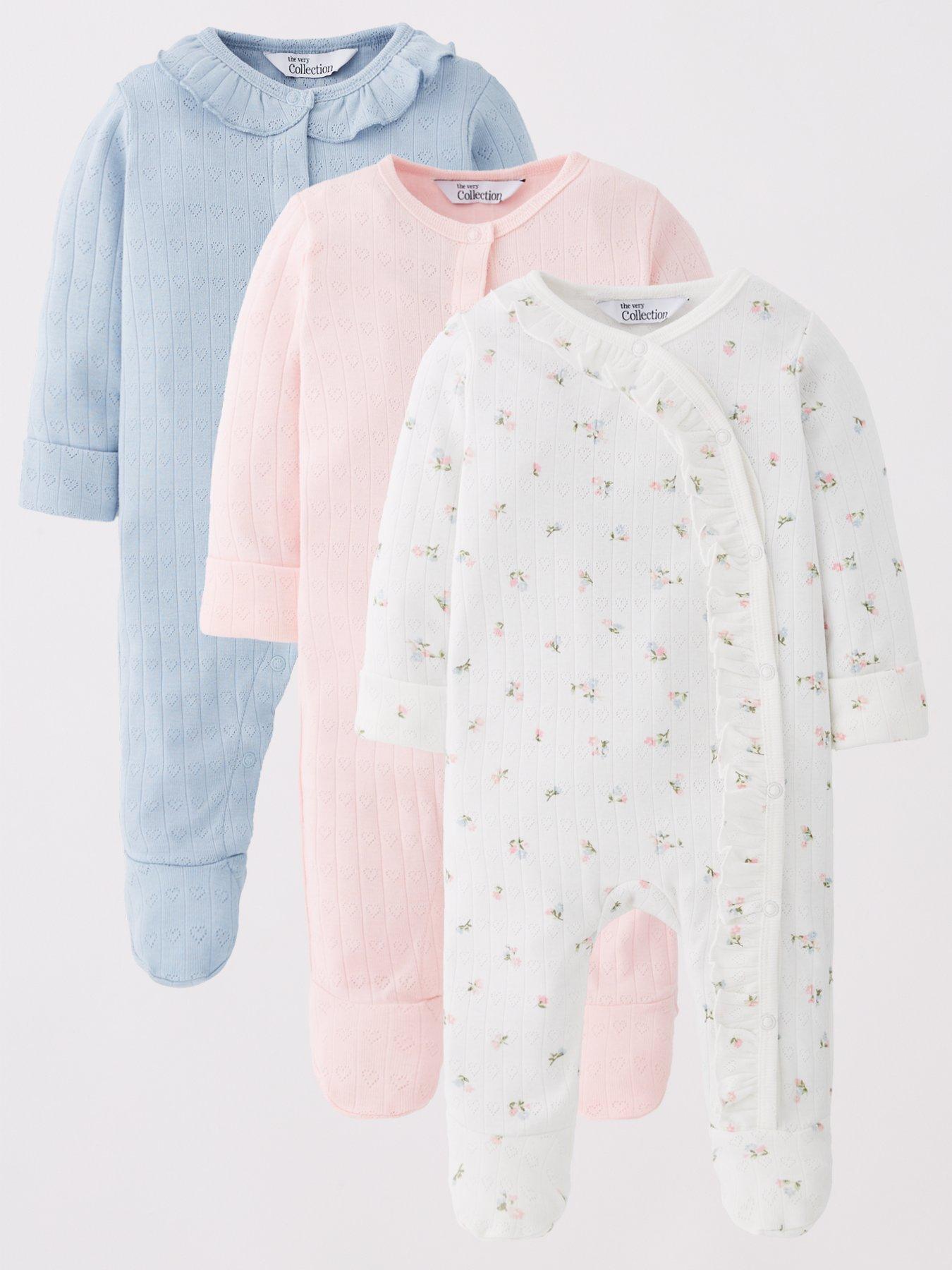 The Very Collection Baby Girls Pointelle 3 Pack Sleepsuits - Blue