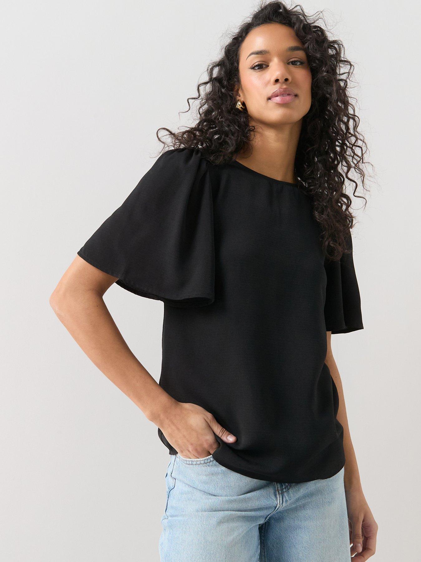 the-very-collection-angel-sleeve-plain-blouse-blackfront
