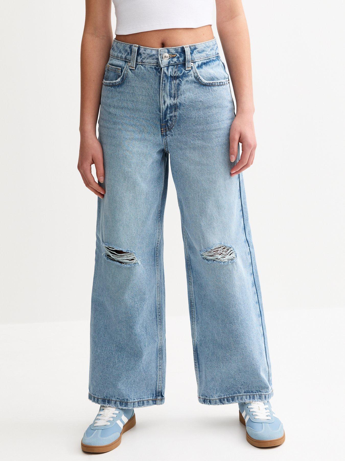New Look 915 Light Blue Ripped Knee Super Wide Leg Jeans - Light Blue