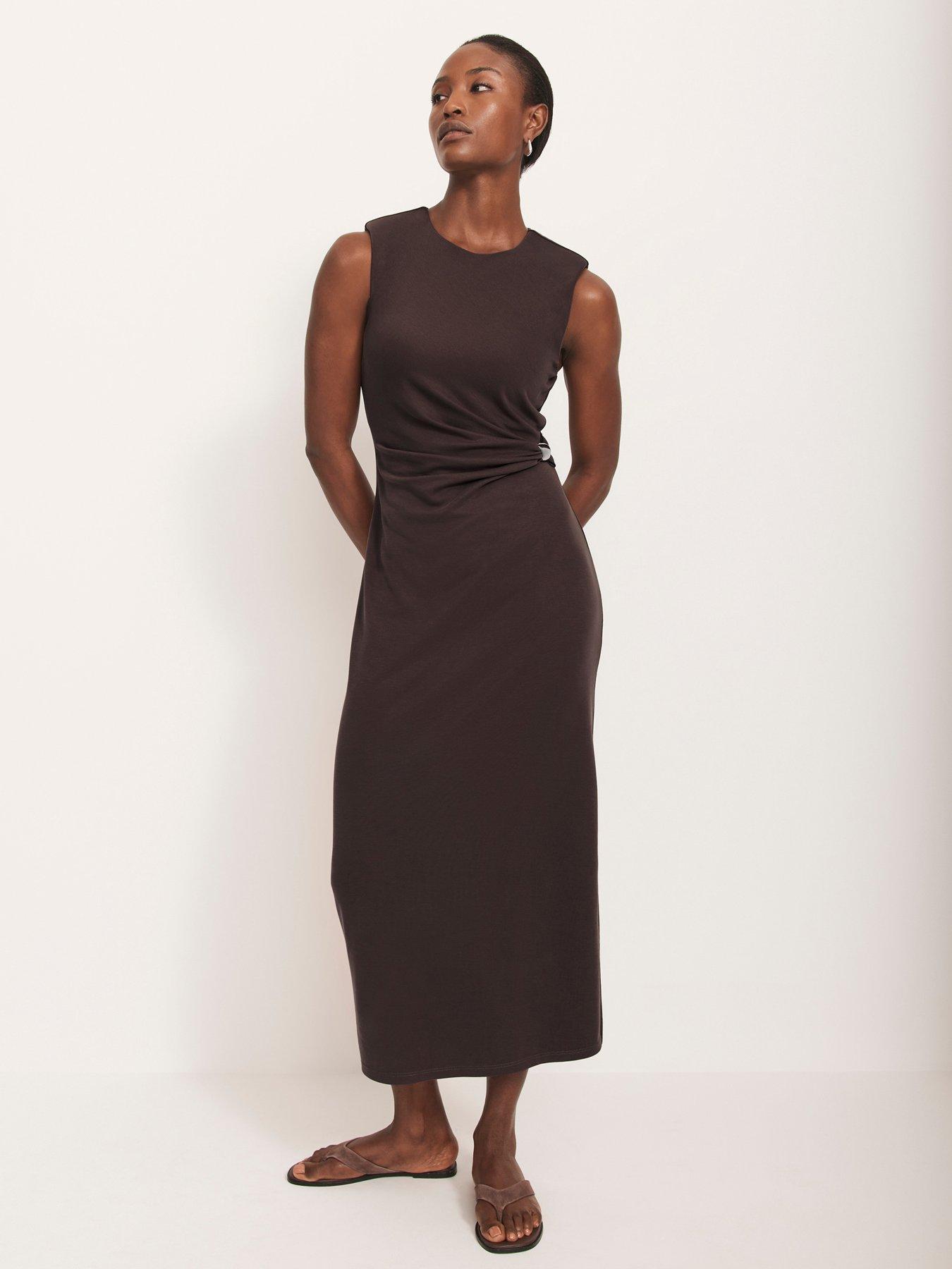 Image 3 of 6 of Mint Velvet Ruched Side Midi Dress - Brown