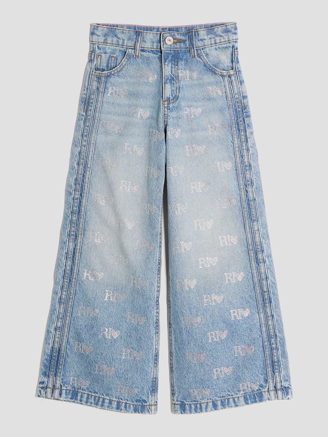 River Island Older Girls Diamante Monogram Wide Leg Jeans - Blue