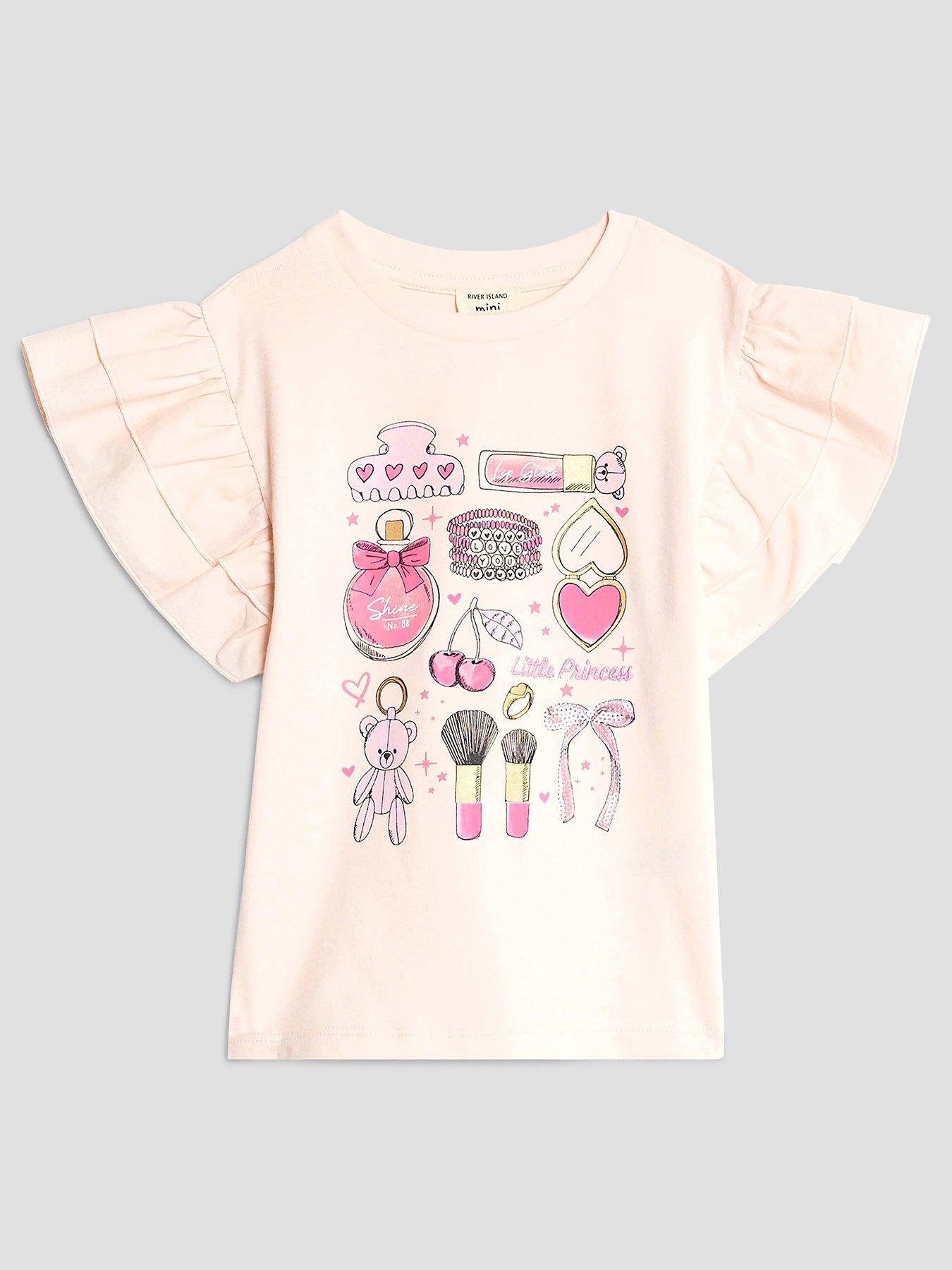 River Island Mini Mini Girls Frill Sleeve Graphic T-shirt - Pink