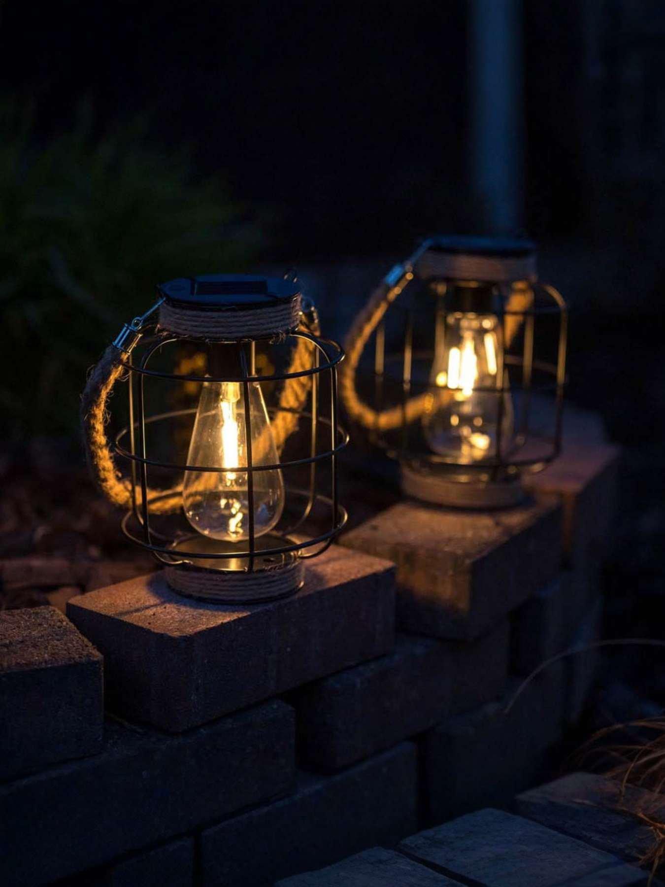 Image 1 of 7 of ValueLights Solar Powered Pair of Caged Jars with Filament Bulbs
