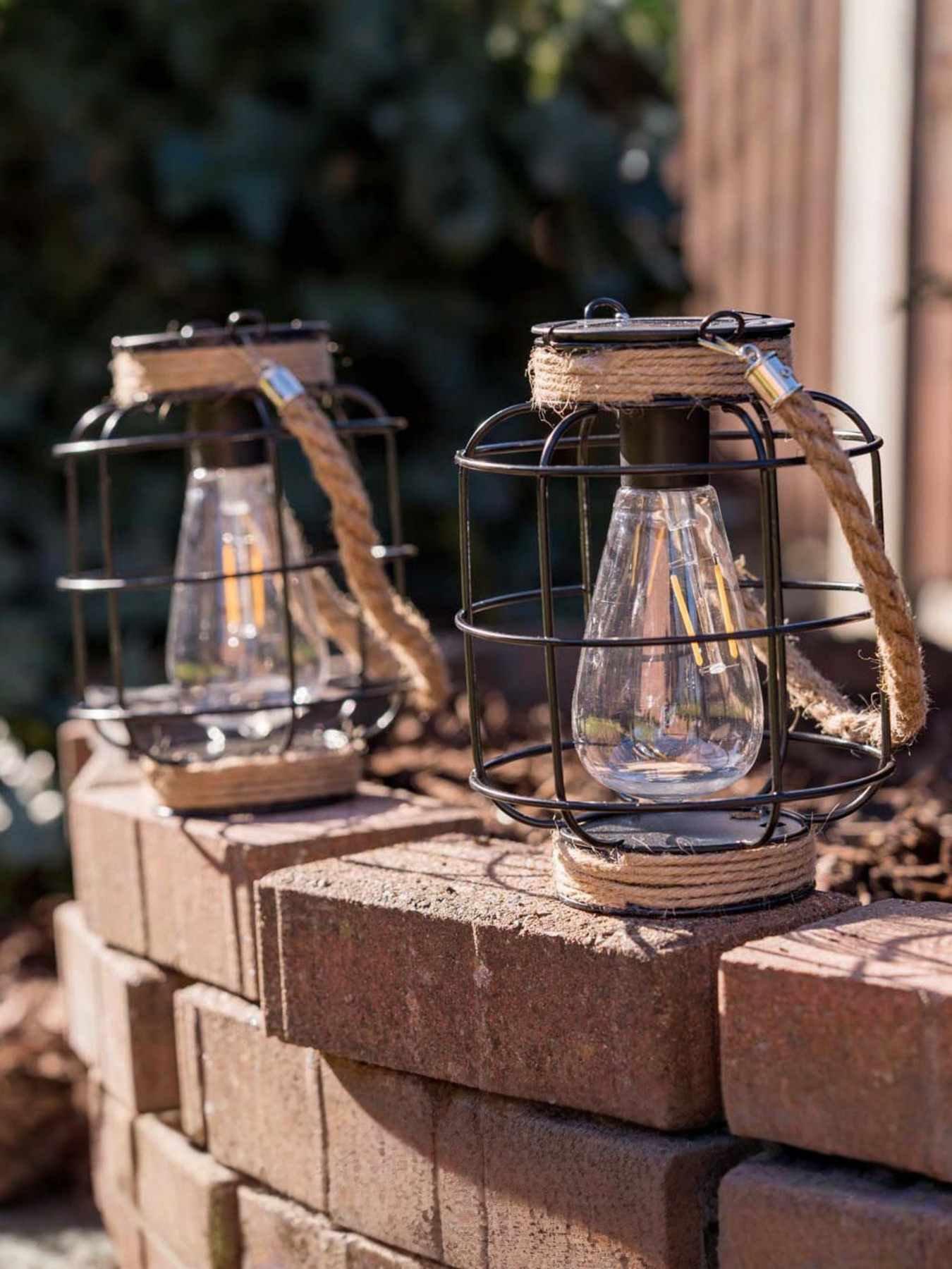 Image 4 of 7 of ValueLights Solar Powered Pair of Caged Jars with Filament Bulbs