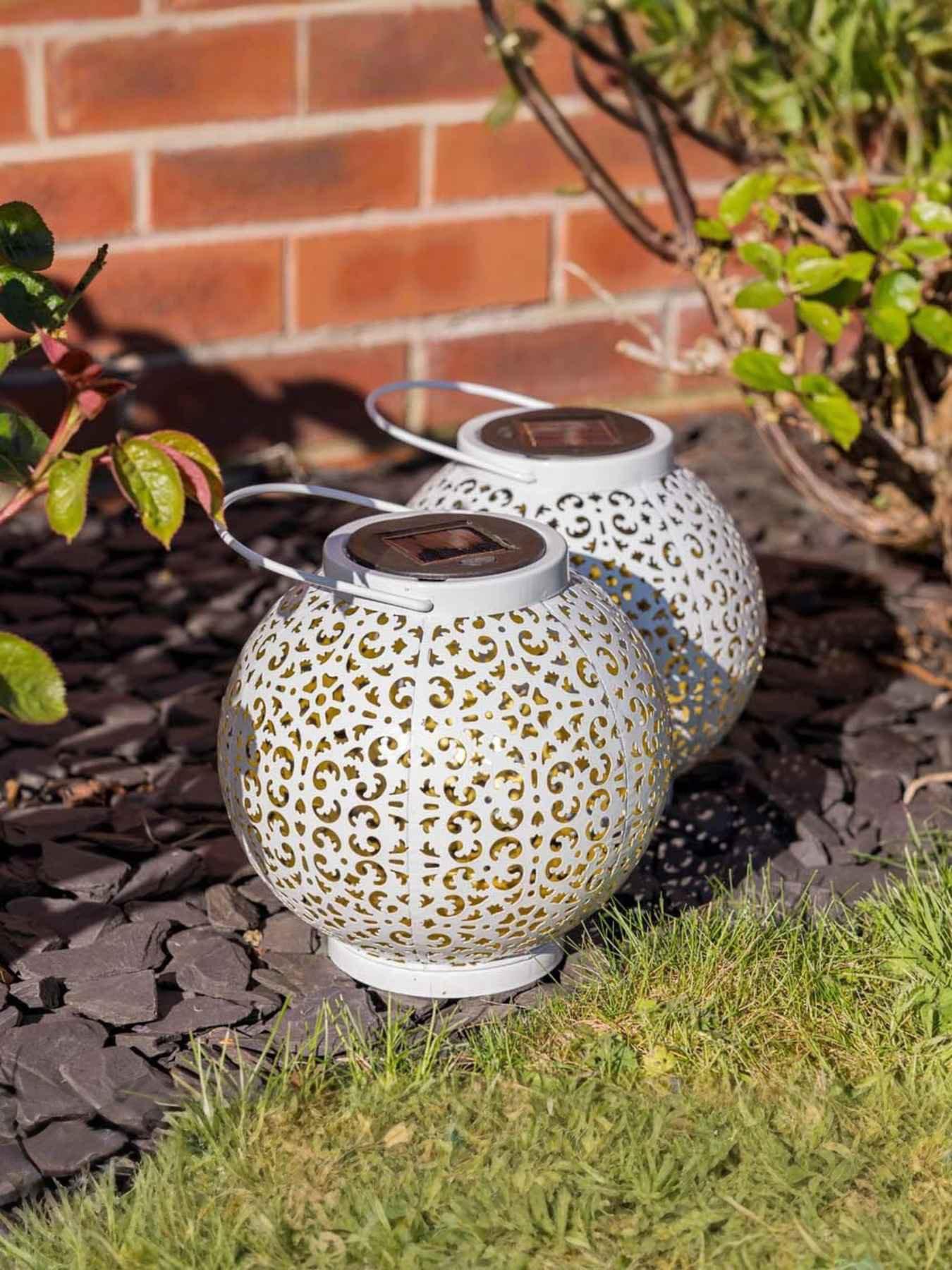 Image 1 of 4 of ValueLights White Sphere Solar Powered Hanging Lanterns - Set of 2