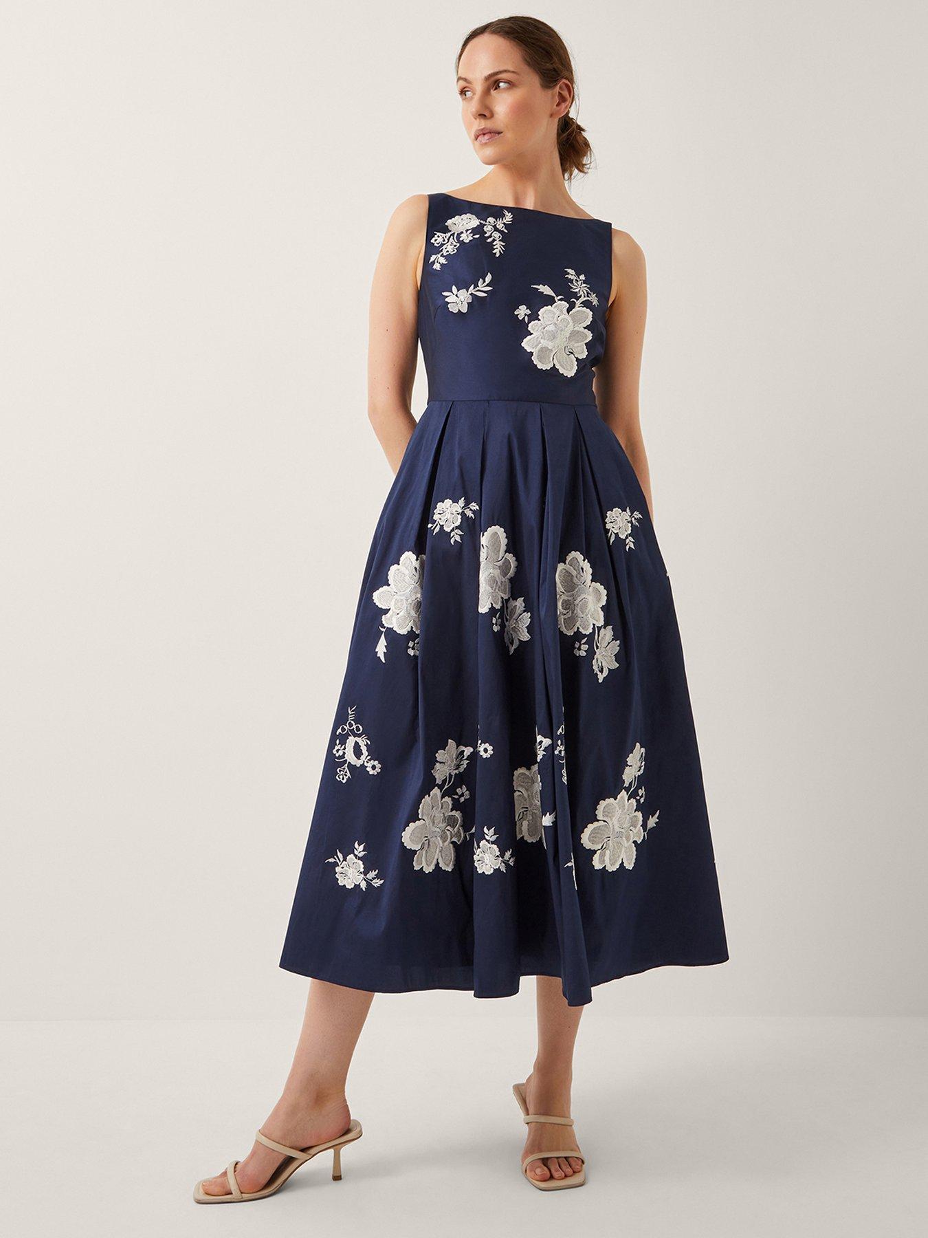Monsoon Sicily Embroidered Dress - Navy