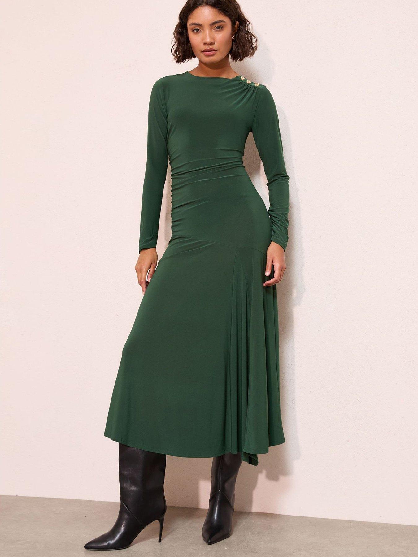Friends Like These Slinky Ruched Long Sleeve Button Shoulder Maxi Dress -  Dark Green | Very Ireland