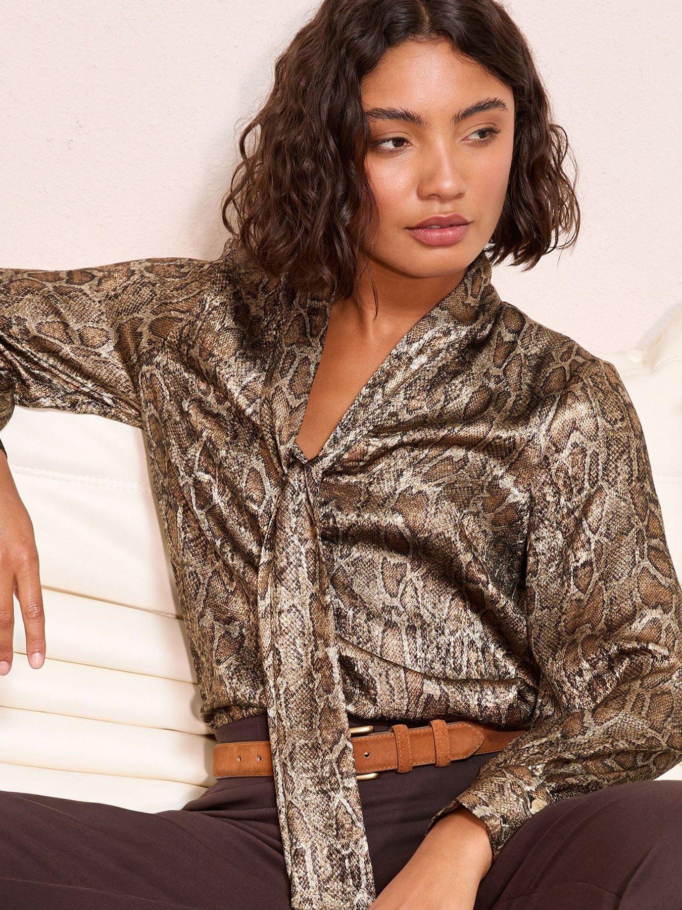 friends-like-these-tie-neck-snake-foil-blouse-brownoutfit