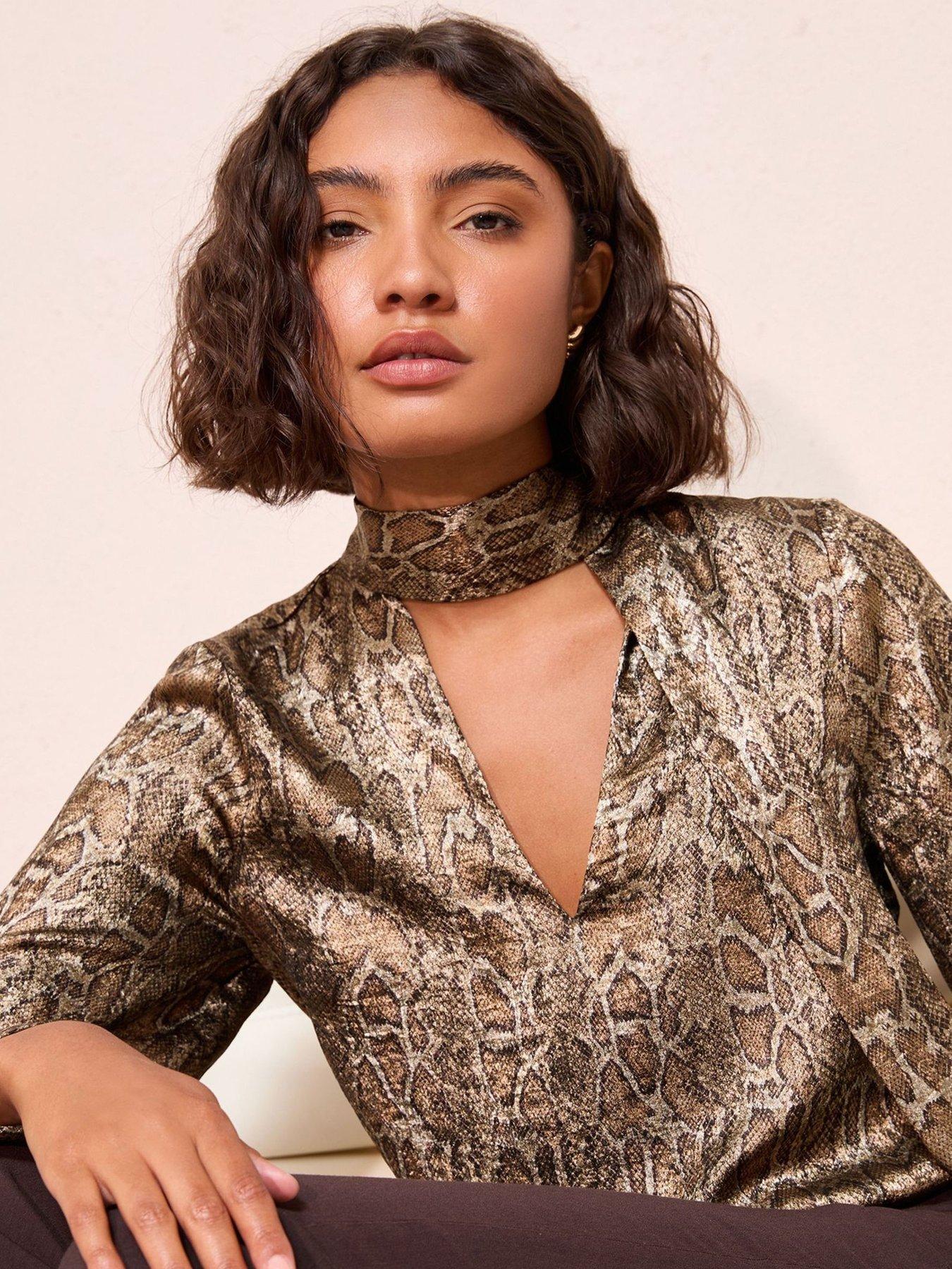 friends-like-these-tie-neck-snake-foil-blouse-browndetail