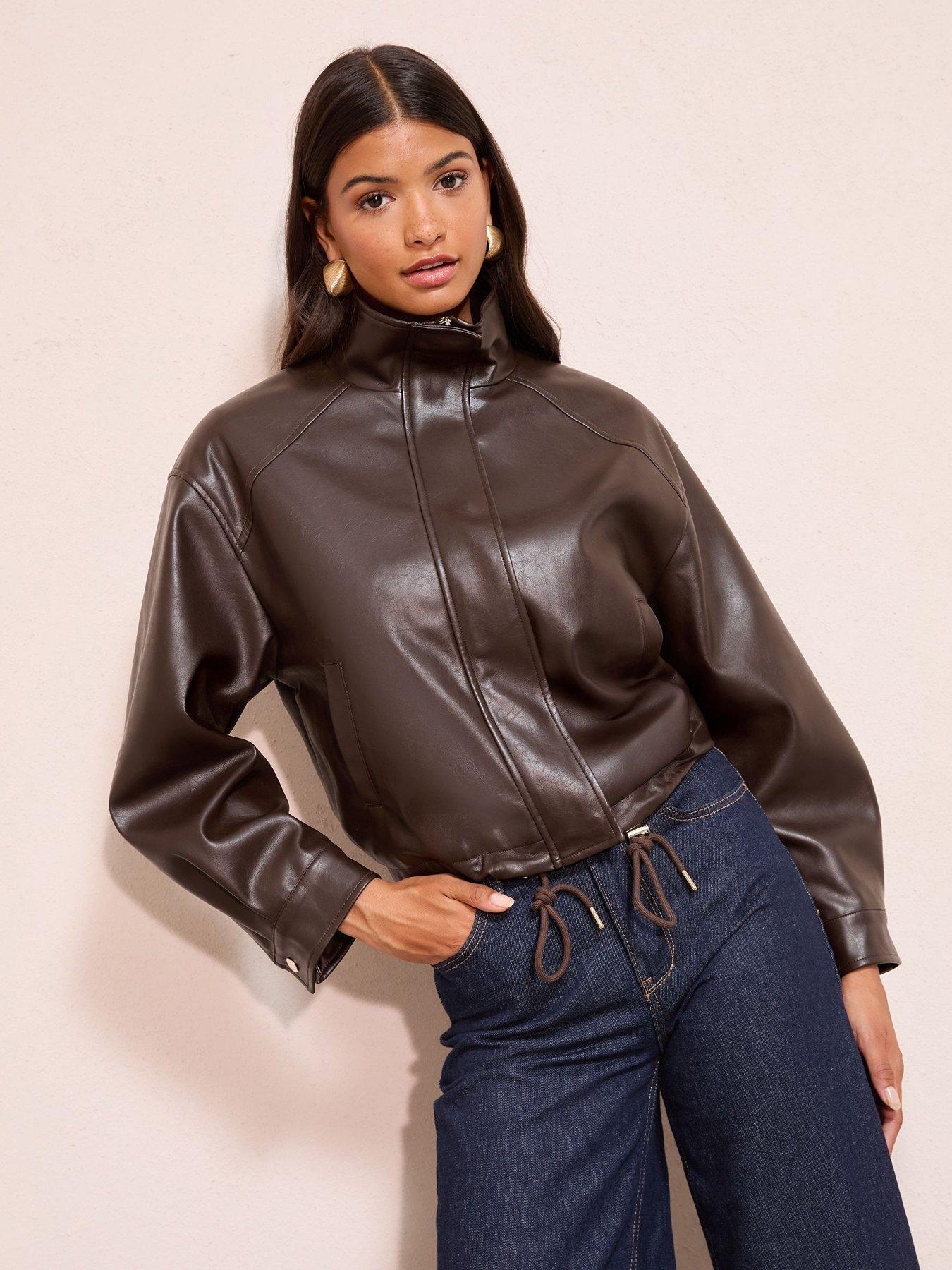 Friends Like These Pu Funnel Neck Bomber Jacket - Chocolate Brown