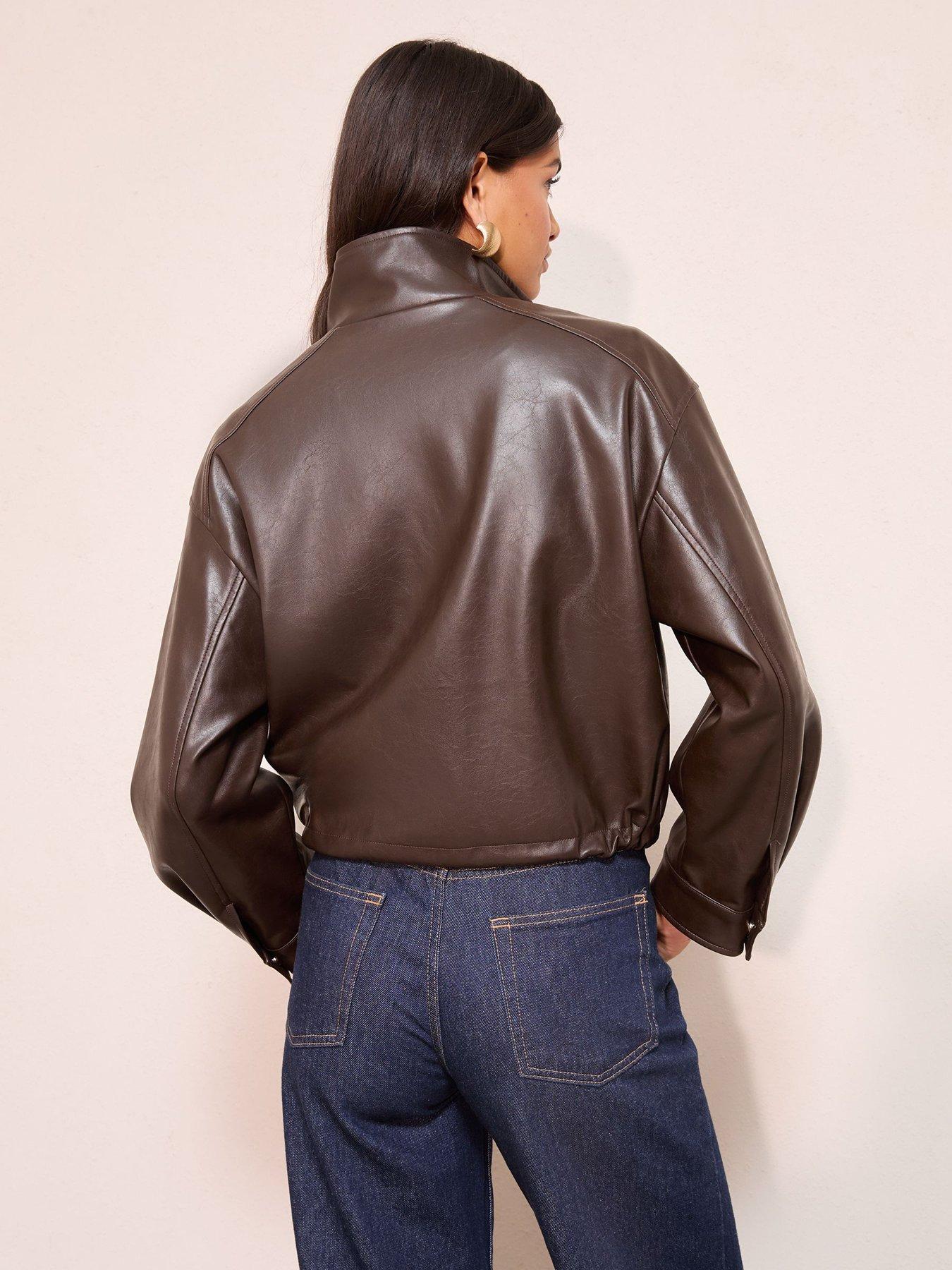 Image 2 of 4 of Friends Like These Pu Funnel Neck Bomber Jacket - Chocolate Brown