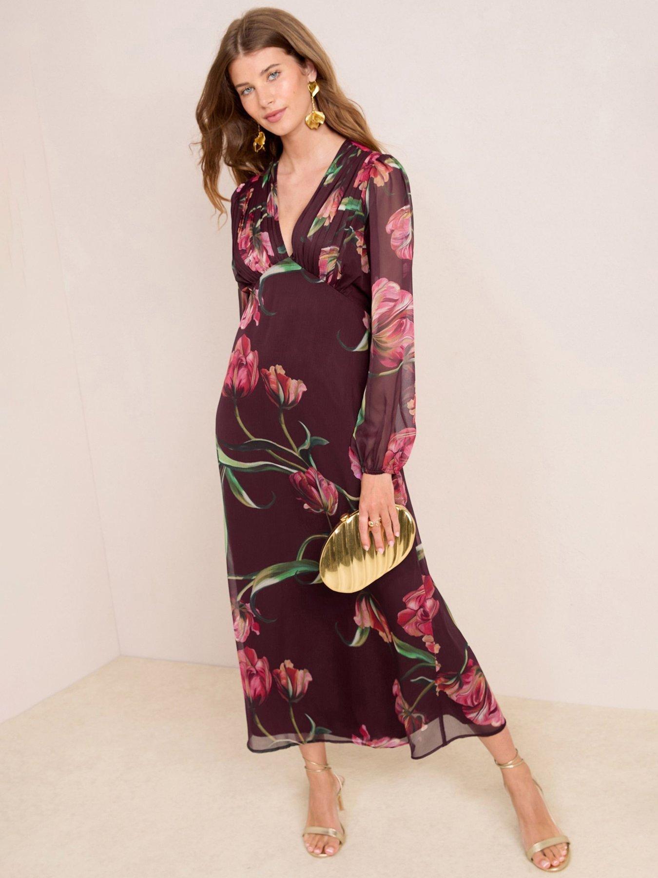 Friends Like These Floral Sheer Sleeve V Neck Midi Dress