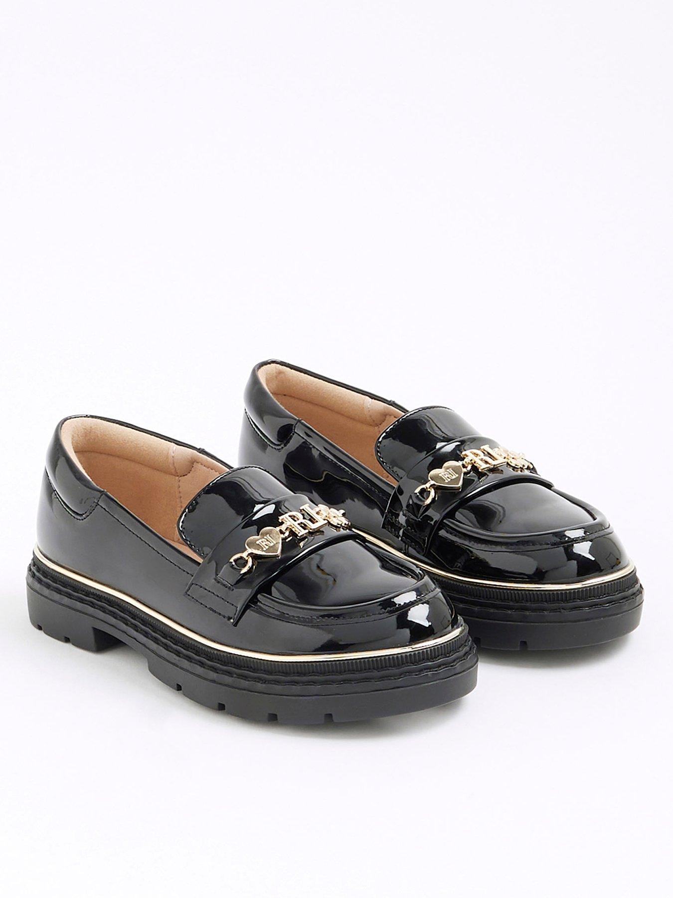 River Island Older Girls Patent Flower Chain Loafers - Black