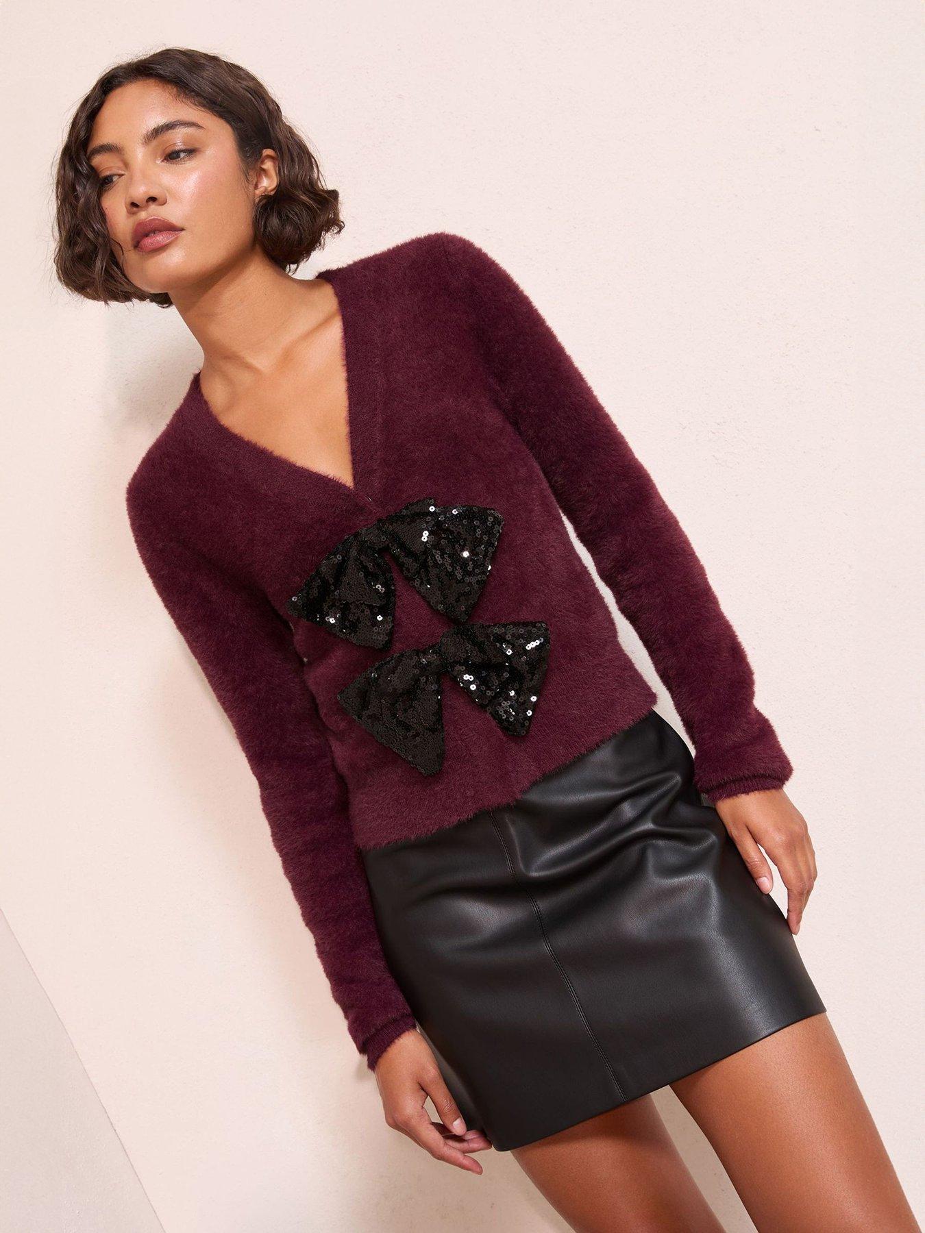 Friends Like These Sequin Bow Eyelash Cardigan - Burgundy